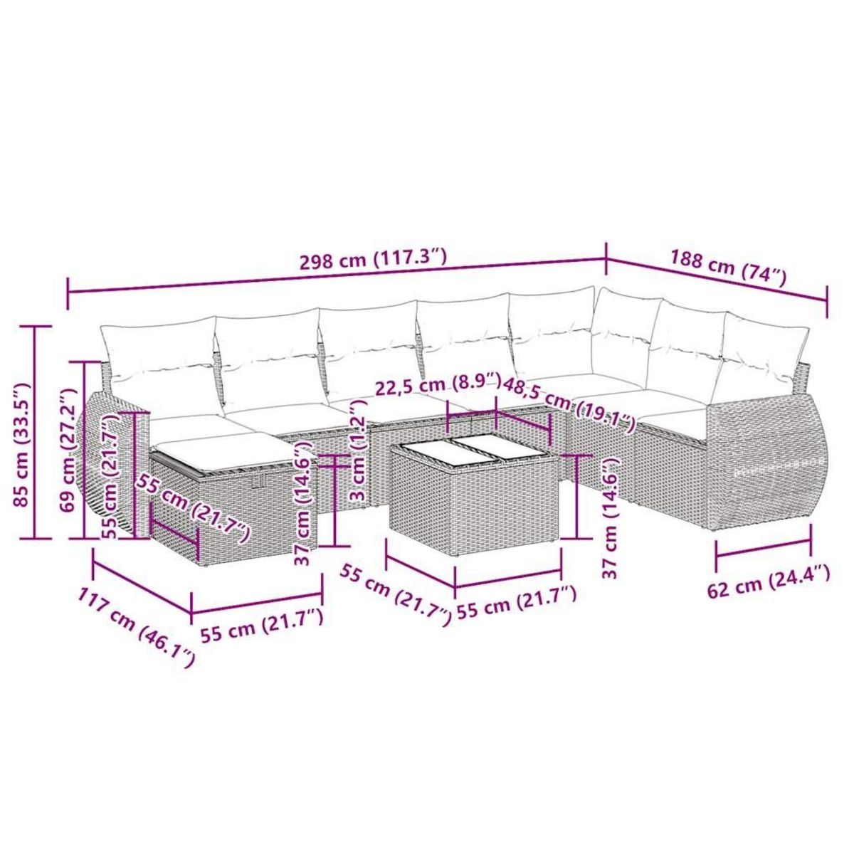 VIDAXL Salon de jardin 9 pcs avec coussins noir resine tressee