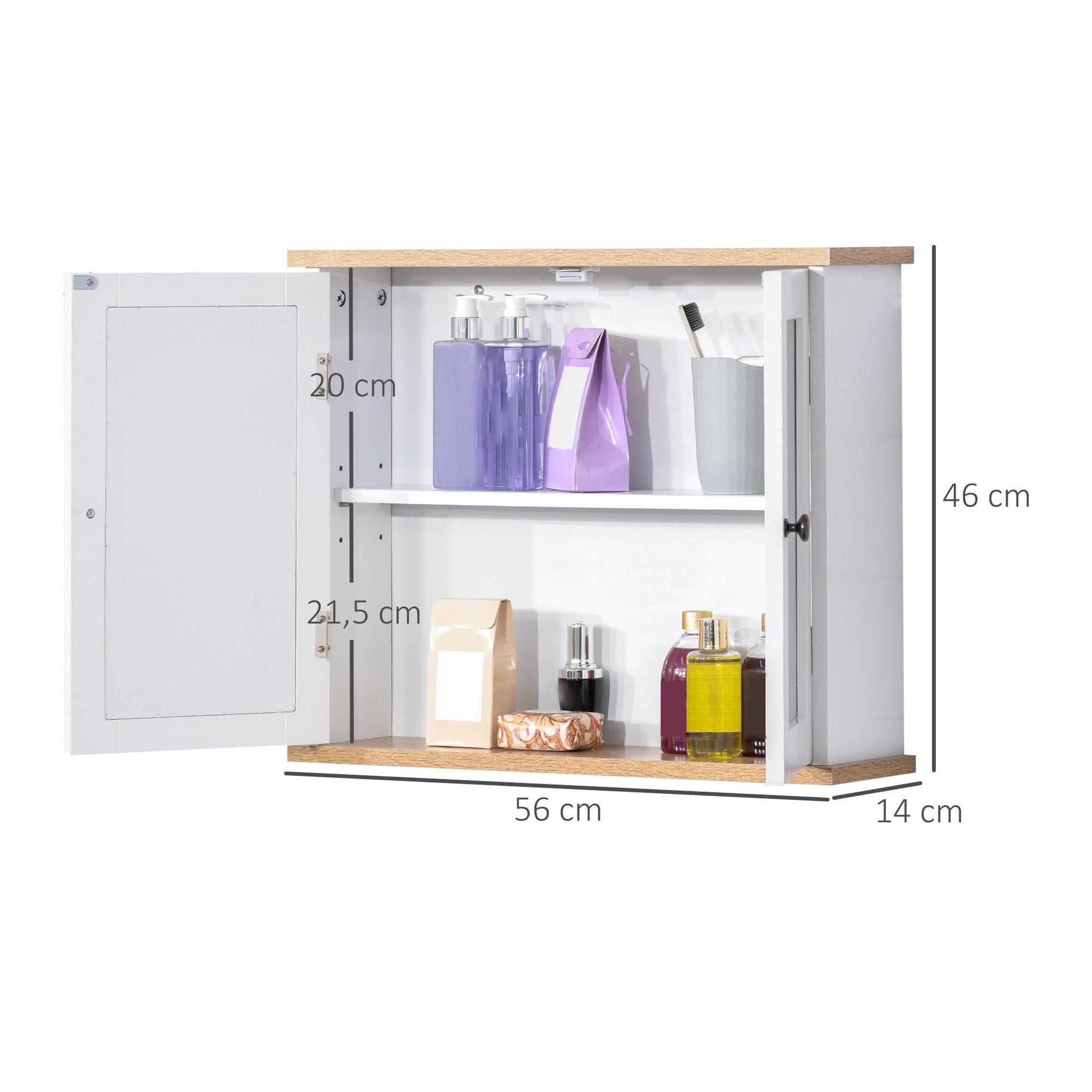 Voir la diapositive 3 : HOMCOM Armoire murale de salle de bain avec étagère réglable et 2 portes avec miroir en mdf - dim. 56i x 14p x 46h cm