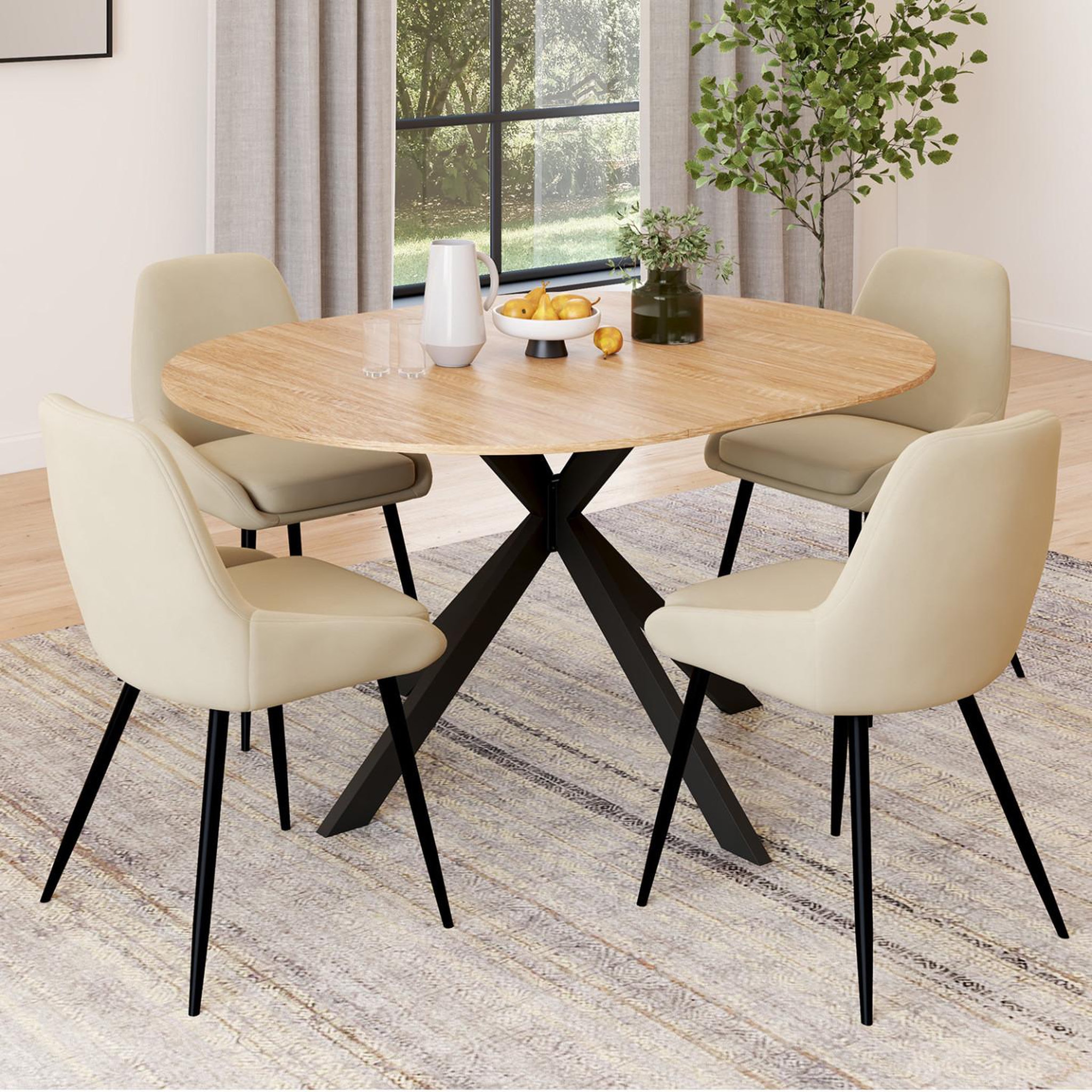 Voir la diapositive 2 : ID MARKET Ensemble table à manger extensible ronde alix bois et noir 110-150 cm et 4 chaises thalya velours beige