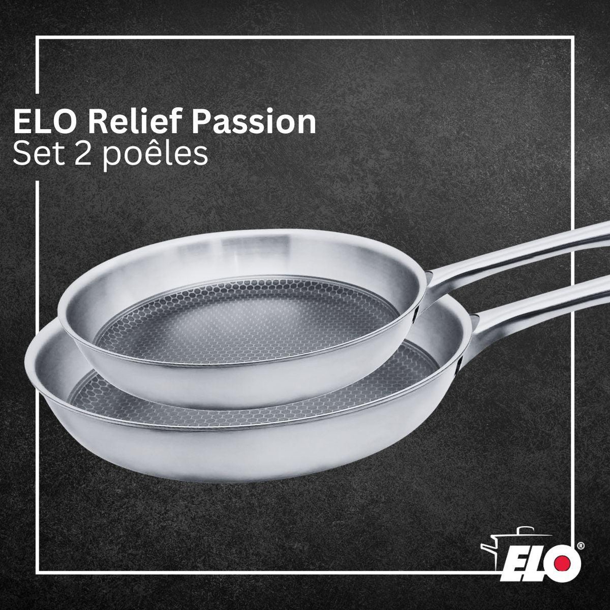 Voir la diapositive 3 : ELO Lot de 2 poêles 24/28 cm et 3 faitouts 16/20/26 cm elo relief passion
