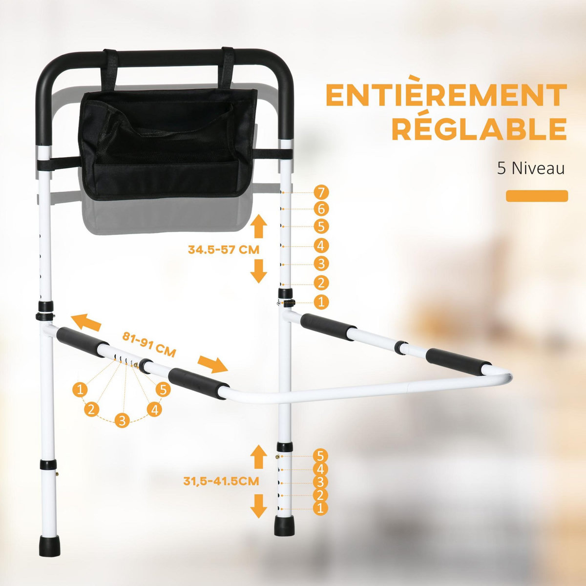 HOMCOM Barre de redressement de lit réglable avec pochette - poignée d'appui pour le lit - barre d'appui de lit - acier blanc EVA noir