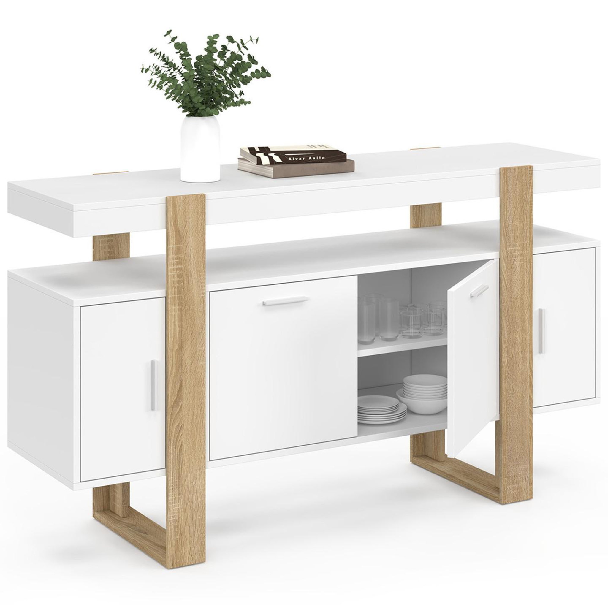 Voir la diapositive 5 : ID MARKET Buffet 140 cm phoenix 4 portes blanc et bois