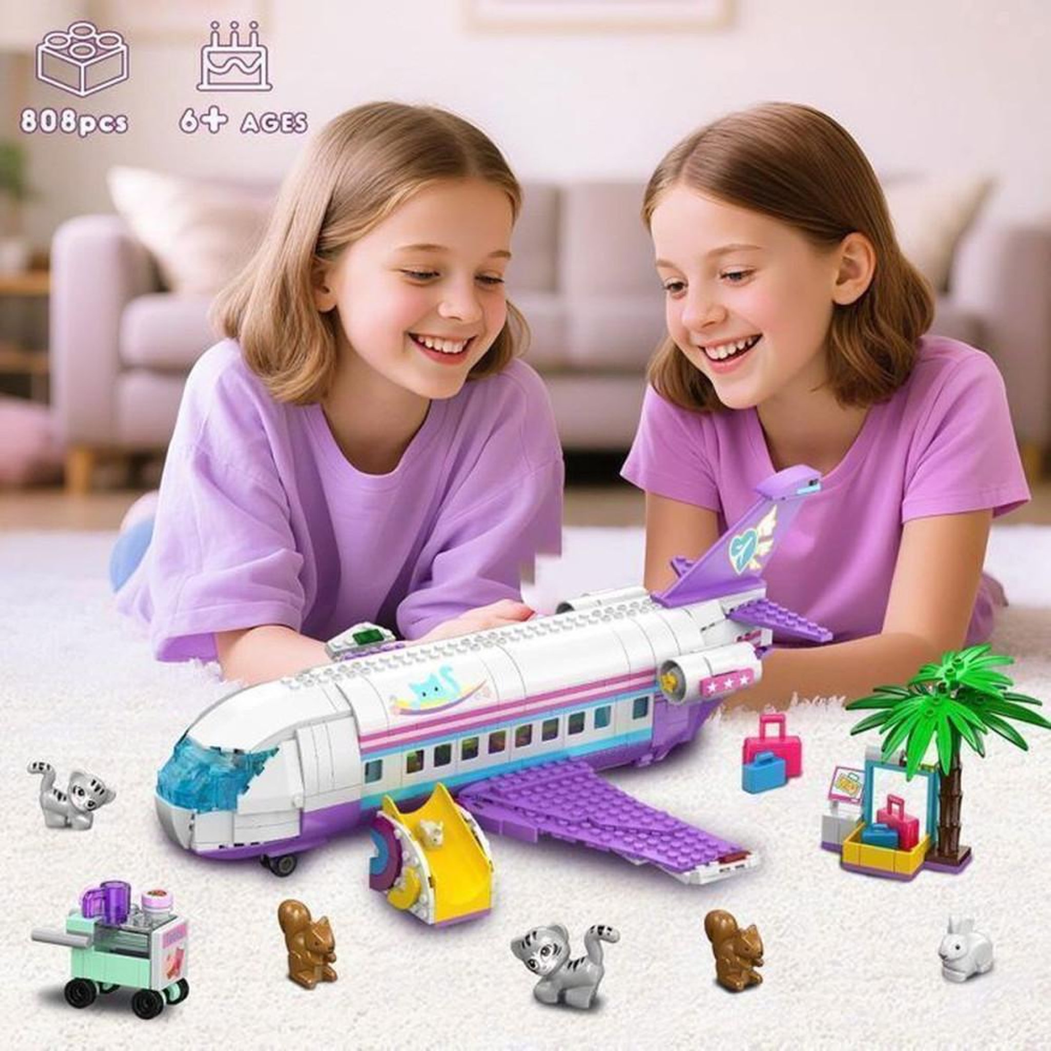 Voir la diapositive 6 : Jeu de construction 3-en-1 808 pièces avion, bateau ou camping-car avec 6 figurines animales, couleur violette