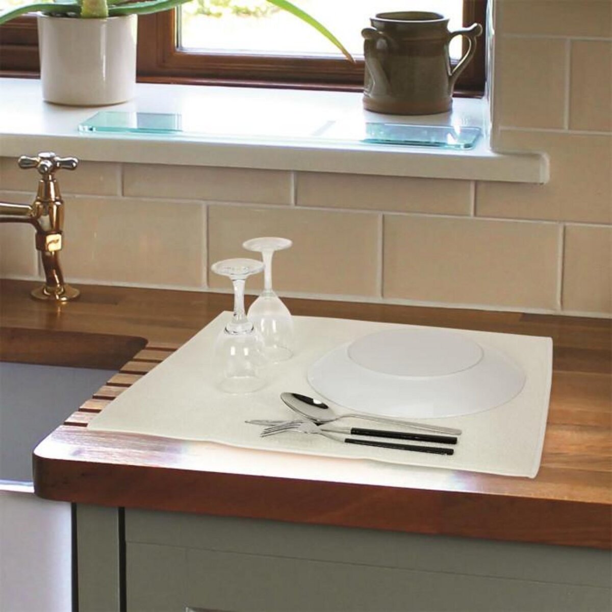 Paris Prix Tapis d'Évier en Bambou  Dessous  40x48cm Blanc