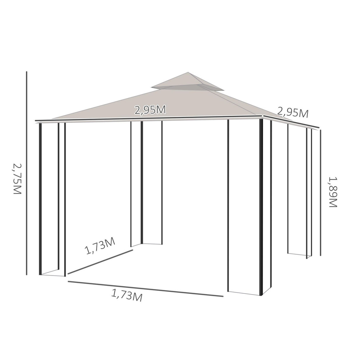 OUTSUNNY Pavillon de jardin tonnelle barnum style colonial double toit toiles moustiquaires amovibles zippées dim. 2,95L x 2,95l x 2,75H m beige noir