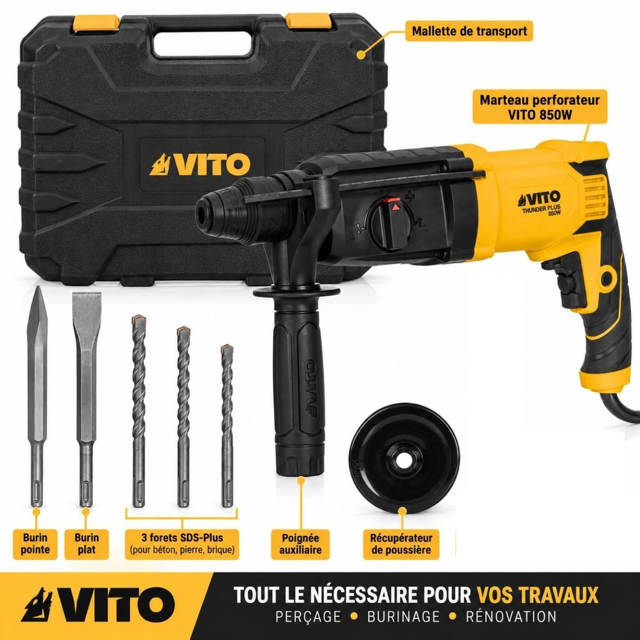 Voir la diapositive 3 : VITO Marteau perforateur 850w sds-plus 3,5j 4 fonctions perçage béton 26mm 3 forets + 2 burins inclus vito