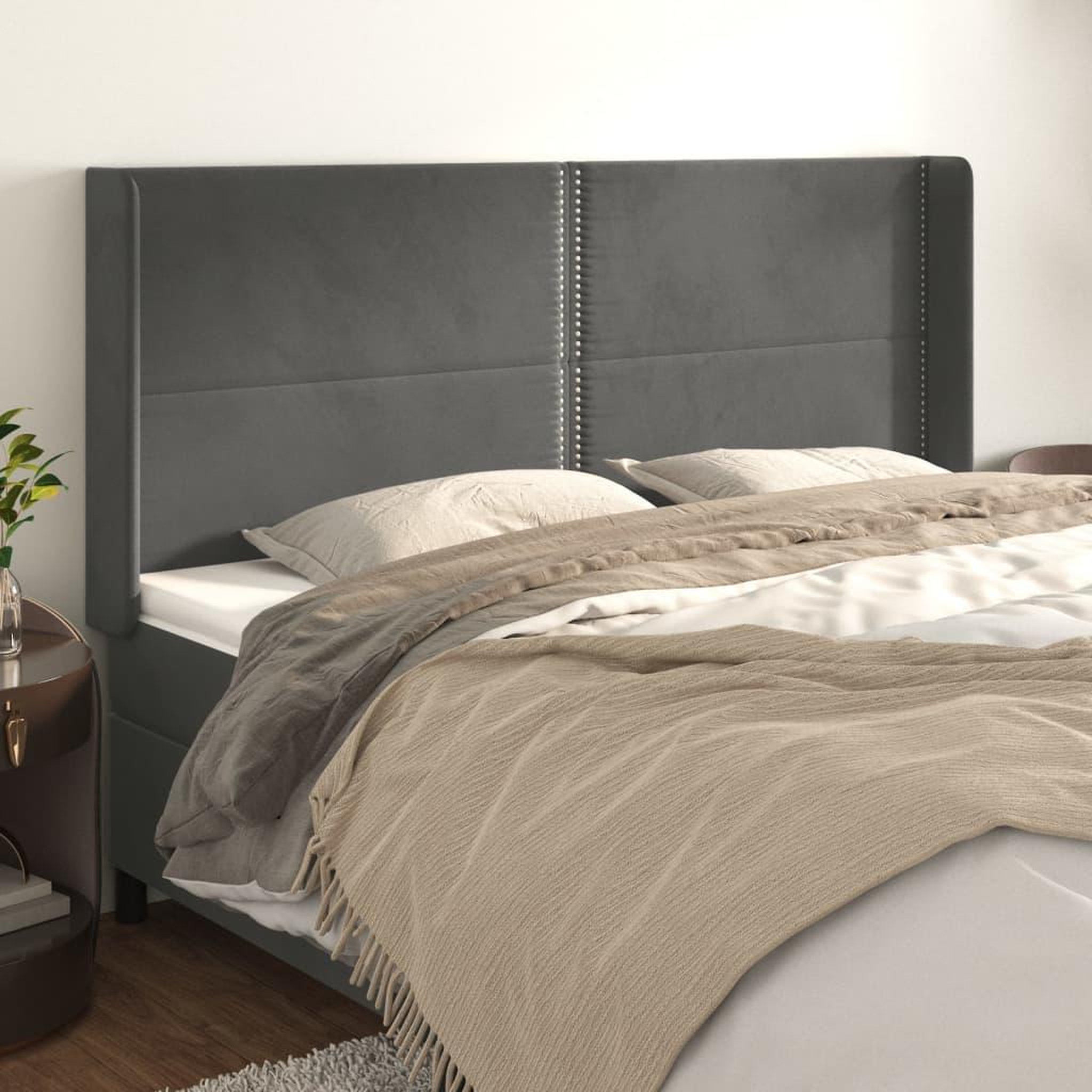 Voir la diapositive 1 : VIDAXL Tete de lit avec oreilles Gris fonce 163x16x118/128 cm Velours