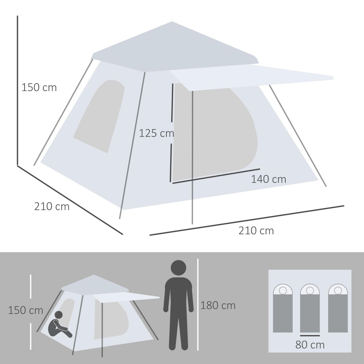 OUTSUNNY Tente de camping automatique pop up 2-3 pers. - porche, sac de transport - dim. 210L x 210l x 150H cm - gris clair