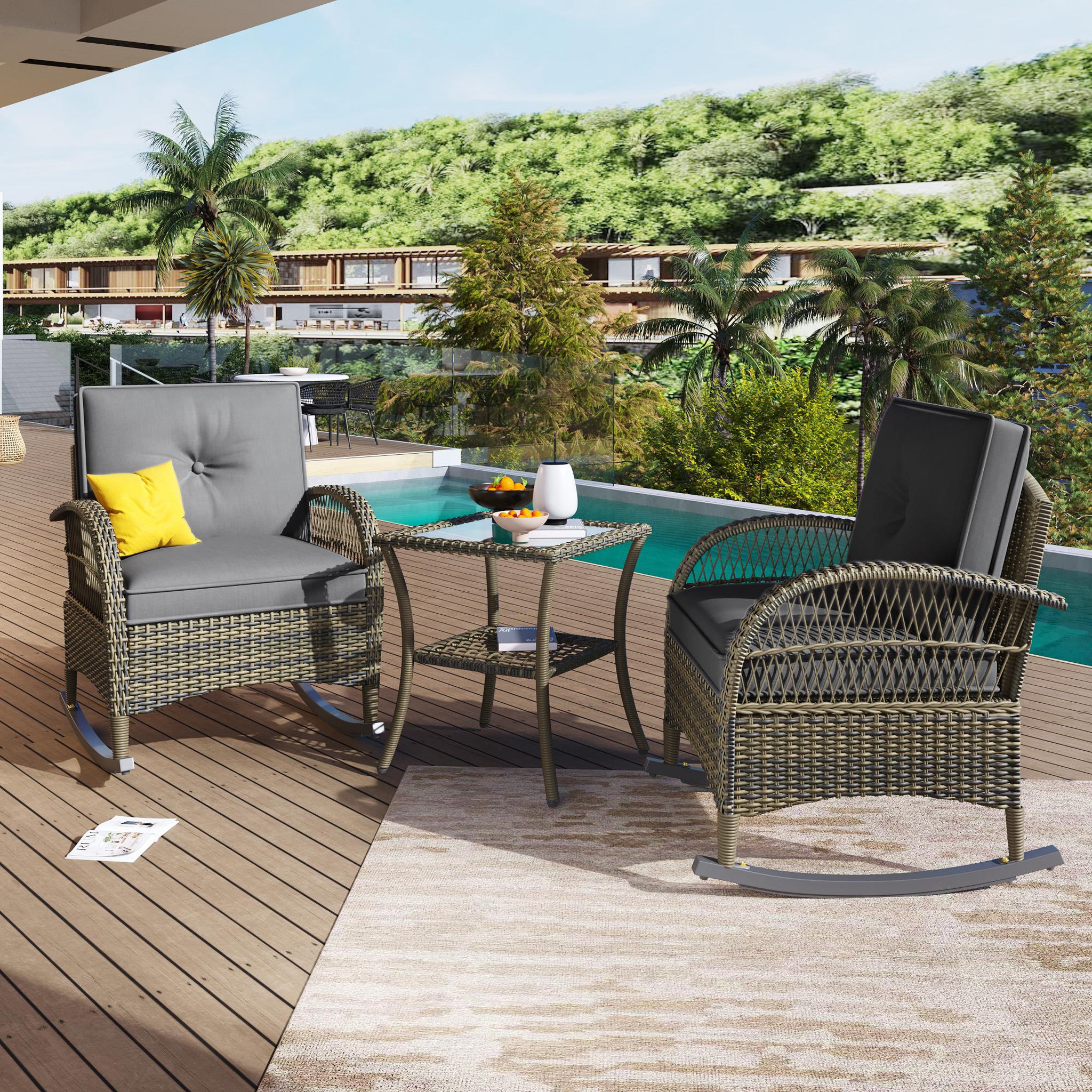 MERAX Salon de jardin 2 places avec 2 fauteuils bascule et table verre trempé. Coloris disponibles : Beige