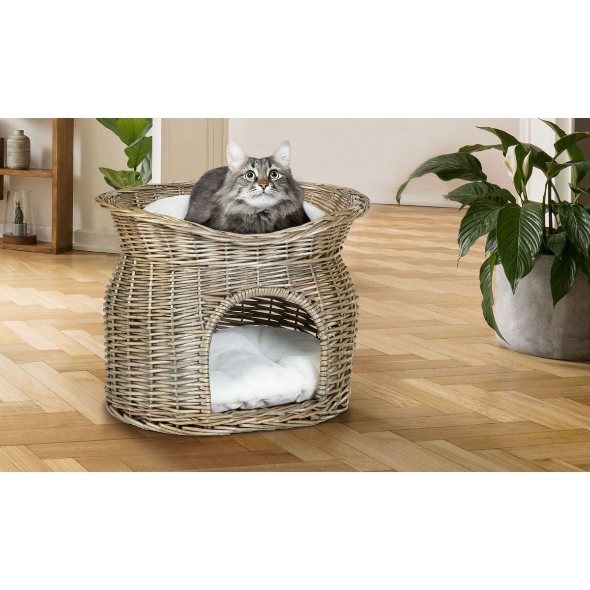 IDOMYA ESSENTIALS Panier en osier pour chat avec coussins