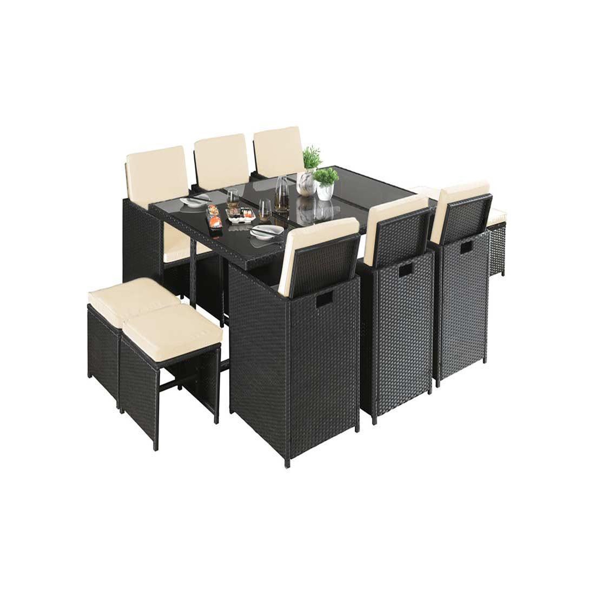 Voir la diapositive 6 : BEST MOBILIER Fira - salon de jardin encastrable 10 places - en résine tressée - noir avec coussins beiges + housse de protection
