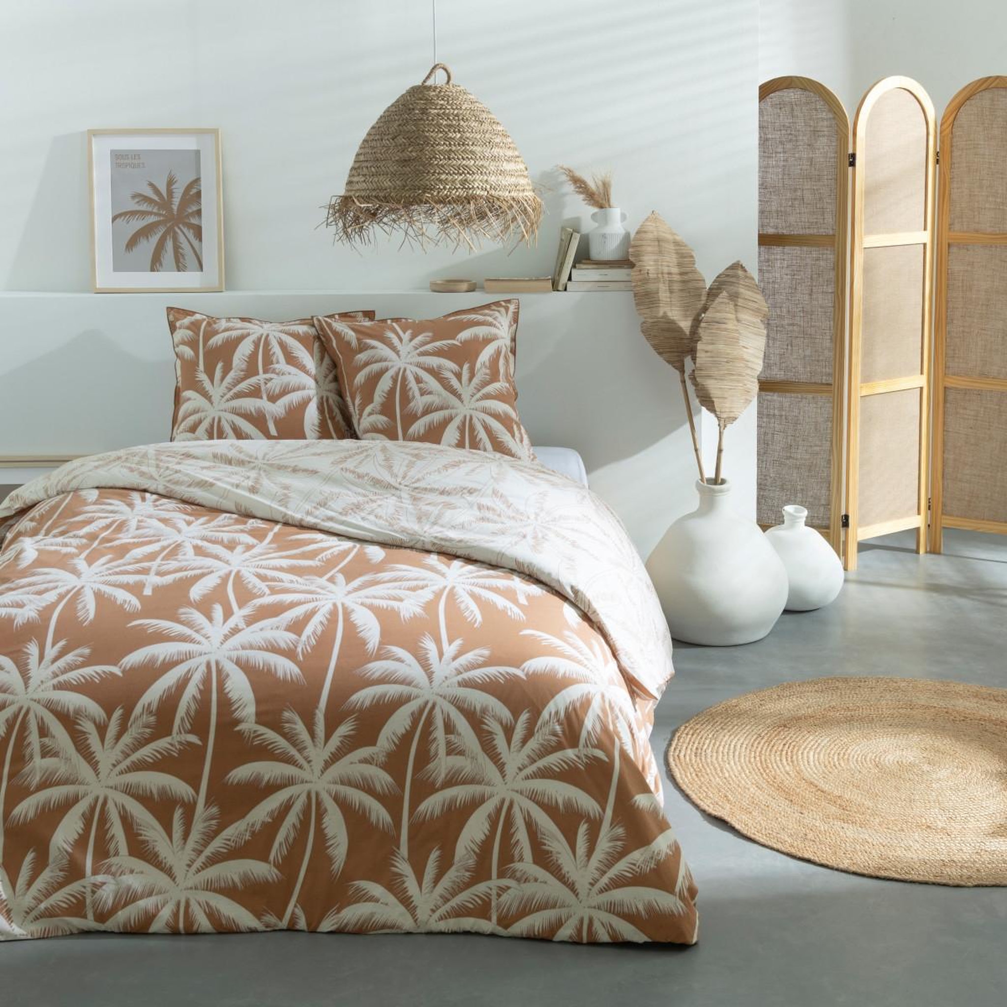 Voir la diapositive 1 : FUTURE HOME Parure de lit 2 personnes en coton 57 fils imprimé camel