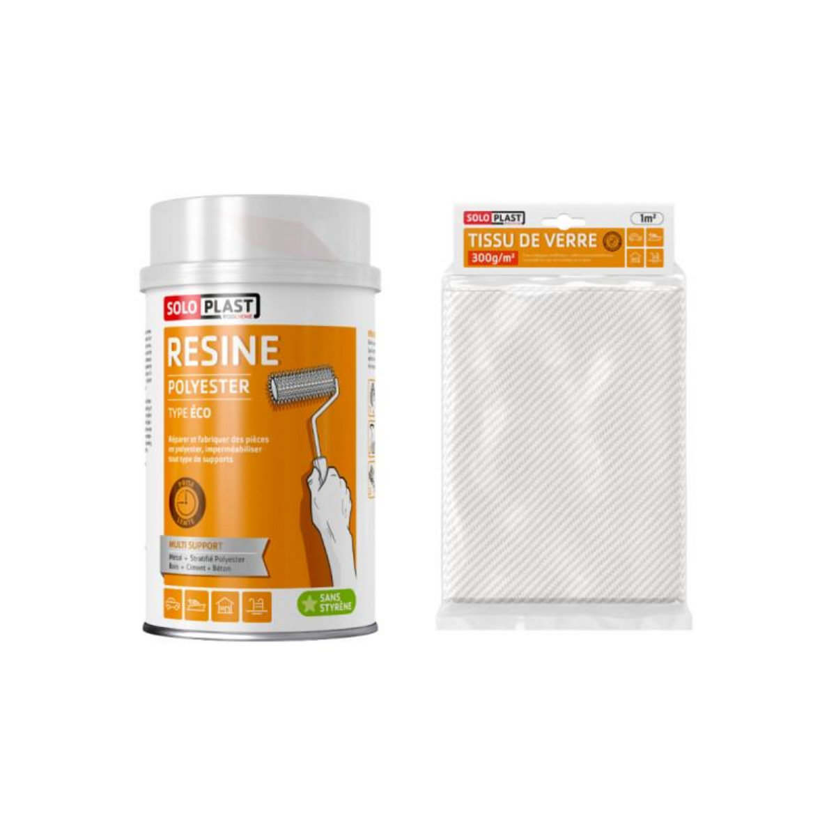Soloplast Pack résine polyester type Eco Soloplast 1 Kg - Tissu de verre Soloplast Roving 300g m2