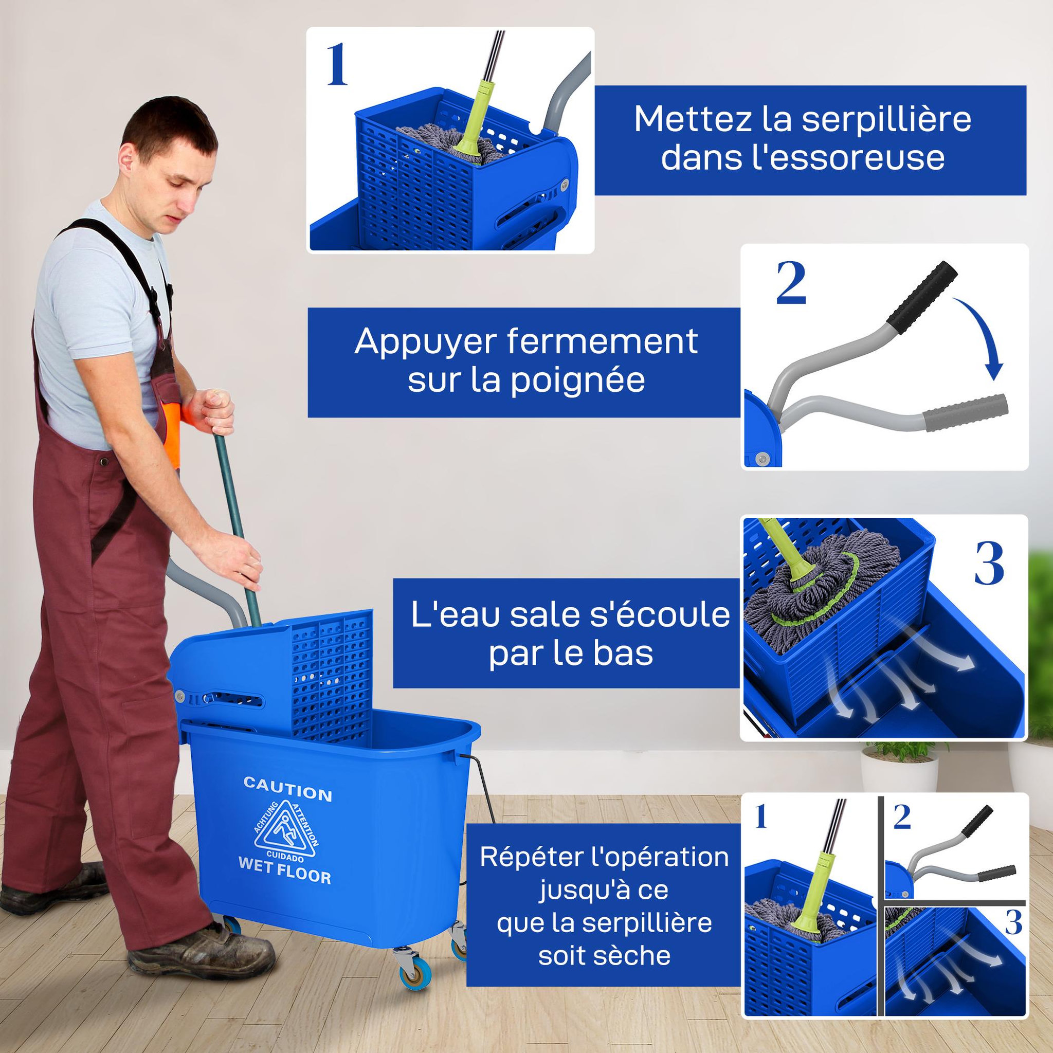 Voir la diapositive 6 : HOMCOM Chariot de nettoyage lavage seau de ménage 20 L avec essoreur et séparateur eau sale propre bleu
