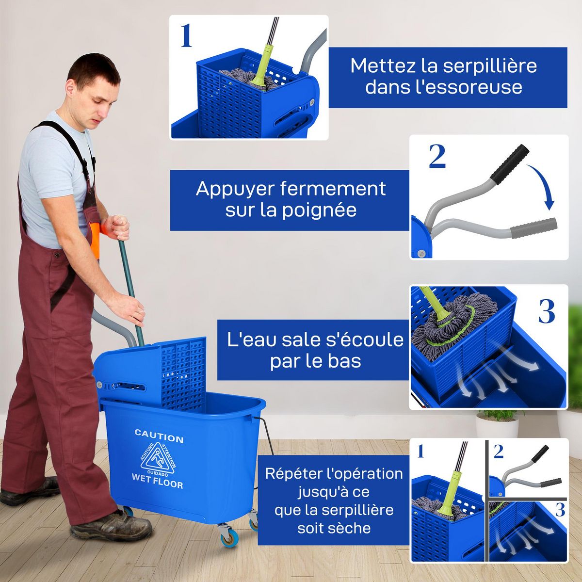HOMCOM Chariot de nettoyage lavage seau de ménage 20 L avec essoreur et séparateur eau sale propre bleu