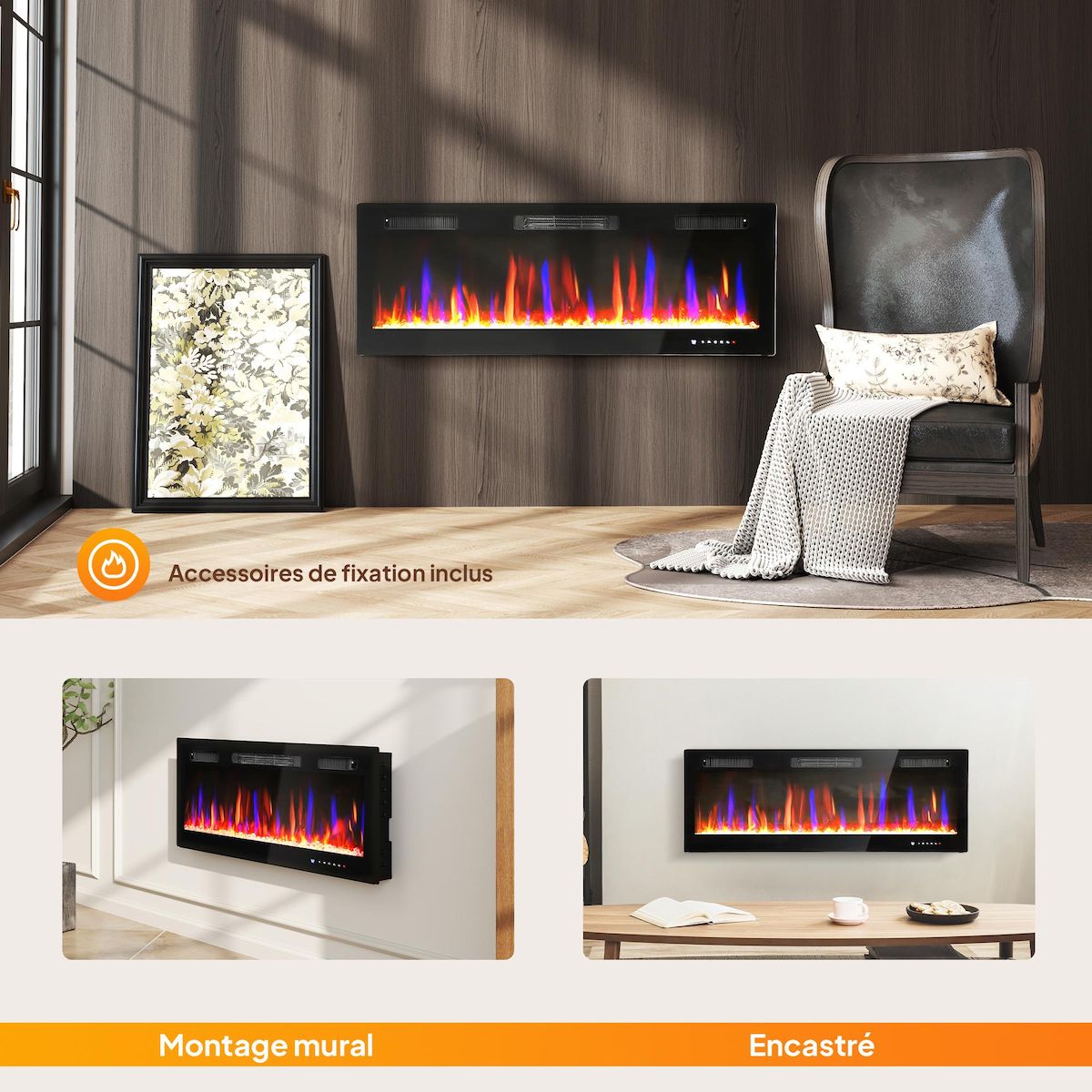 HOMCOM Cheminée électrique mural ou encastrable 900W/1800W nombreux effets réglables thermostat télécommande mode éco