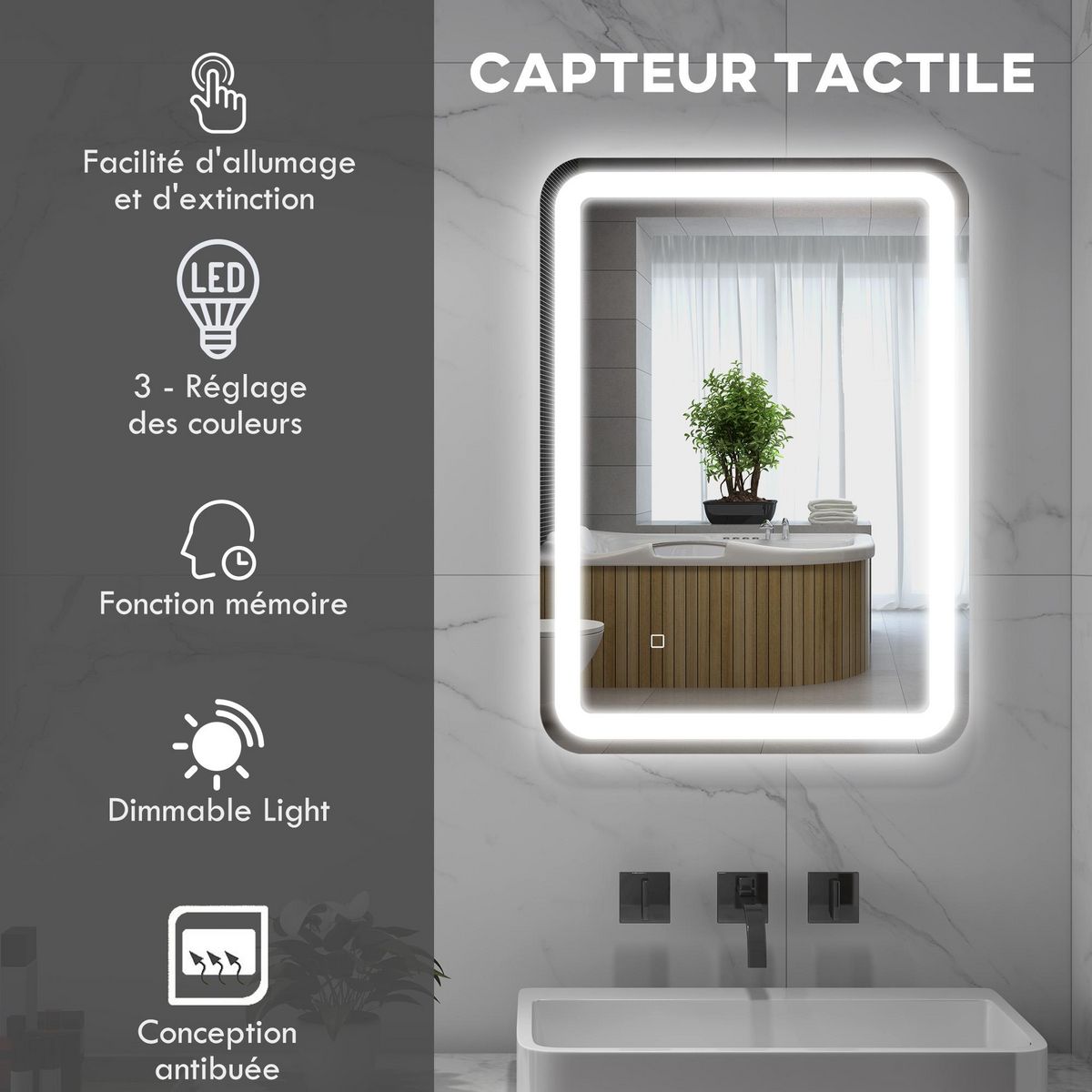 HOMCOM Miroir lumineux LED 35W antibué réglable interrupteur tactile dim. 50L x 4P x 70H cm