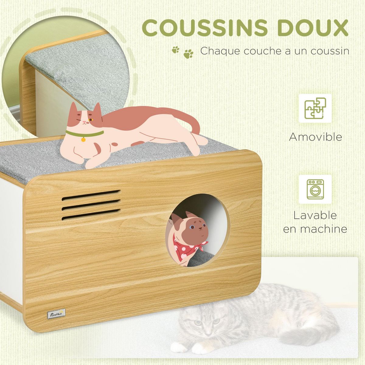 PAWHUT Maison pour chat design poste de radio - niche chat panier chat - 2 coussins + grattoir sisal amovibles - MDF panneaux aspect bois clair