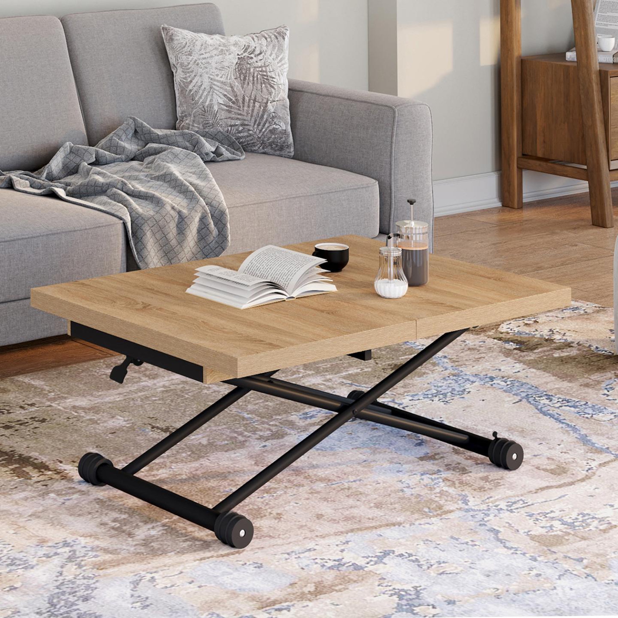 Voir la diapositive 2 : ID MARKET Table basse extensible relevable en table à manger rectangulaire altura 100-160 cm bois et noir design industriel