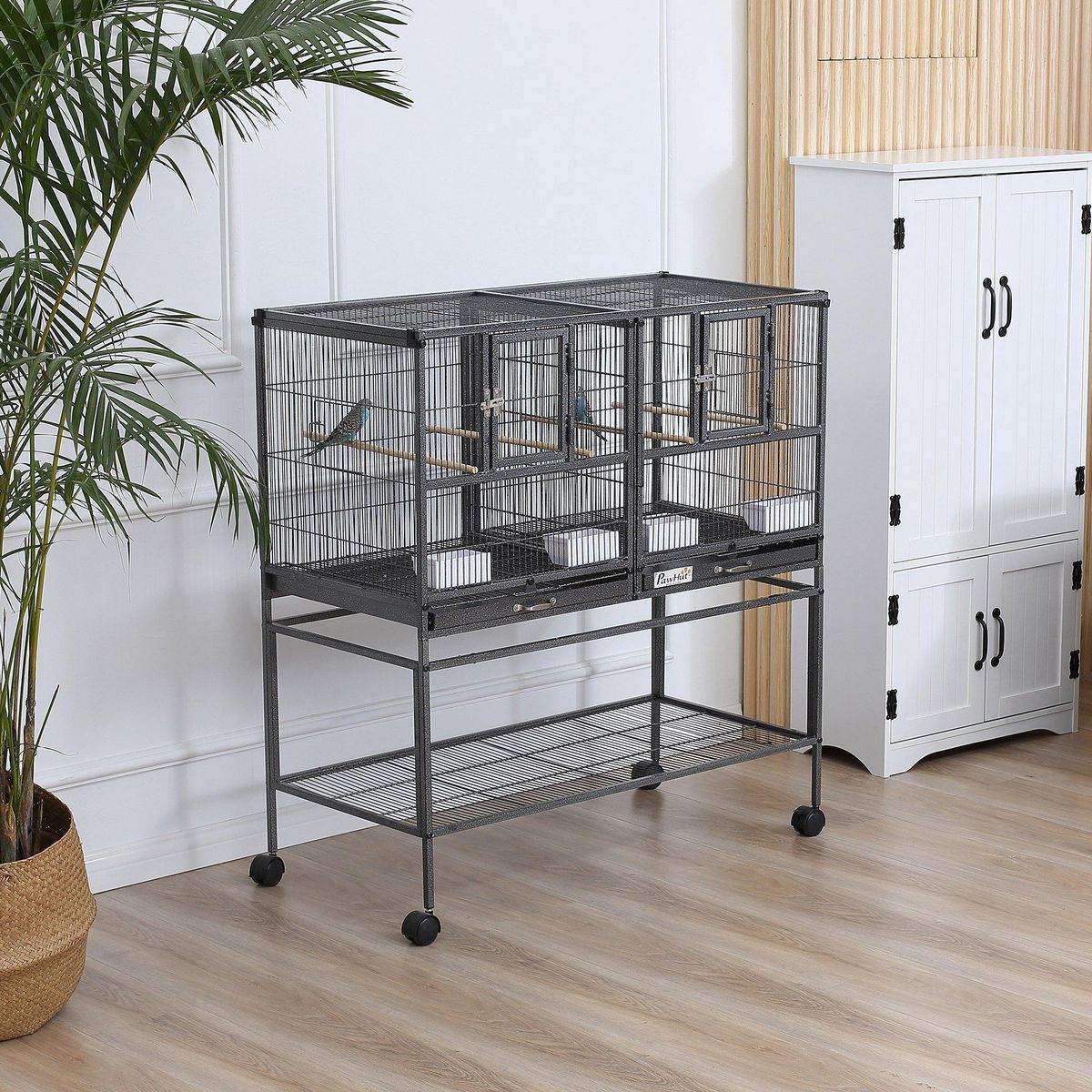 PAWHUT Cage à oiseaux avec séparation mangeoire et perchoir 95L x 45l x 102H cm Noir et Gris