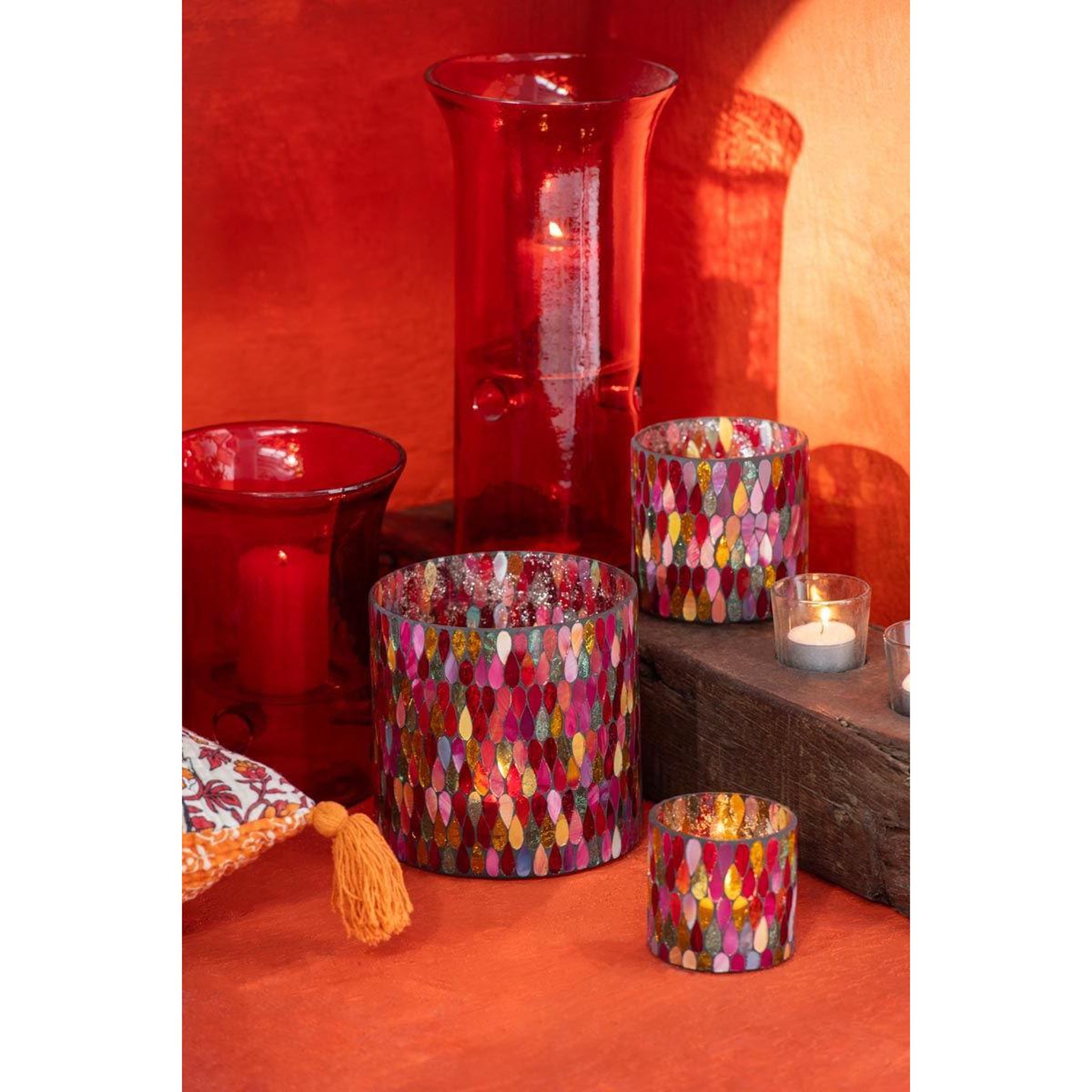 Voir la diapositive 5 : J-LINE Lot de 3 Photophores en Verre  Mexican  30cm Rouge