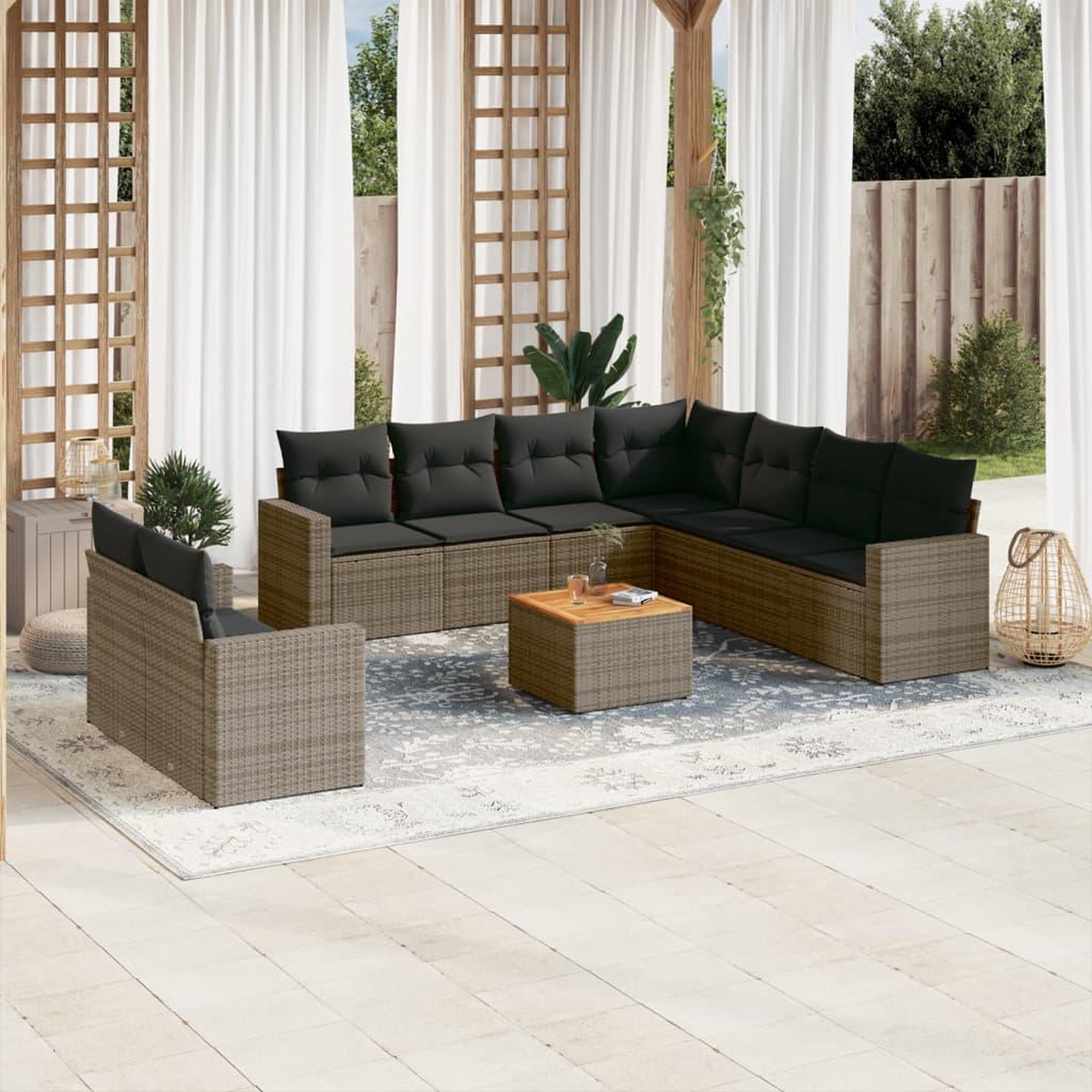 VIDAXL Salon de jardin avec coussins 10 pcs gris resine tressee