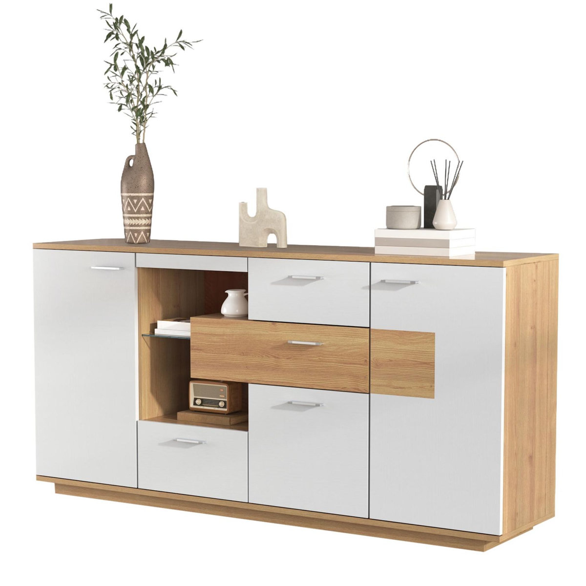 MERAX Buffet 2 porte(s) 4 tiroir(s) - 160 cm naturel+blanc led mdf