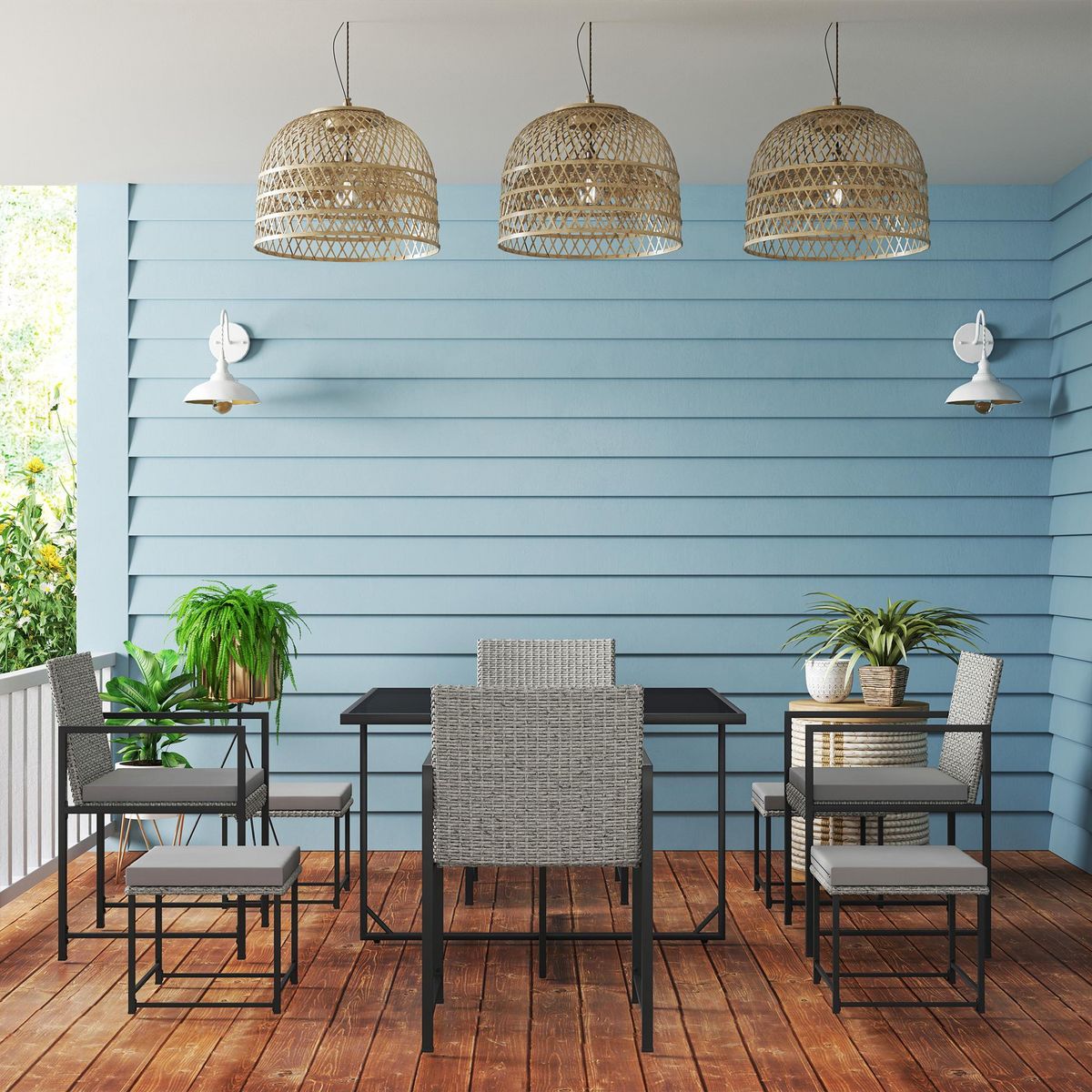 OUTSUNNY Ensemble salon de jardin 8 places 9 pièces - 4 fauteuils, 4 tabourets, table à manger - acier résine tressée gris