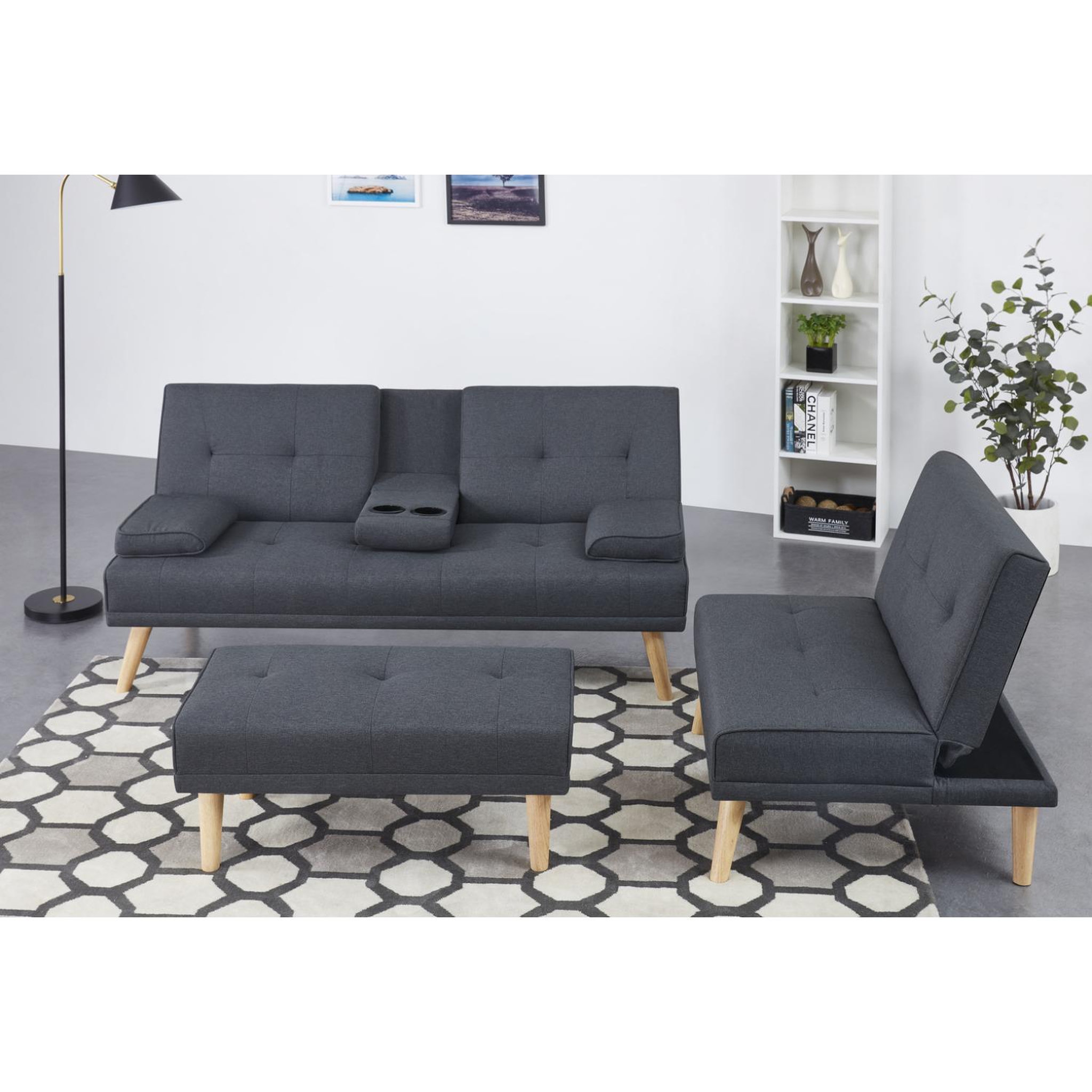 Voir la diapositive 4 : CONCEPT USINE Canapé scandinave convertible 5 places en tissu gris STOCKHOLM