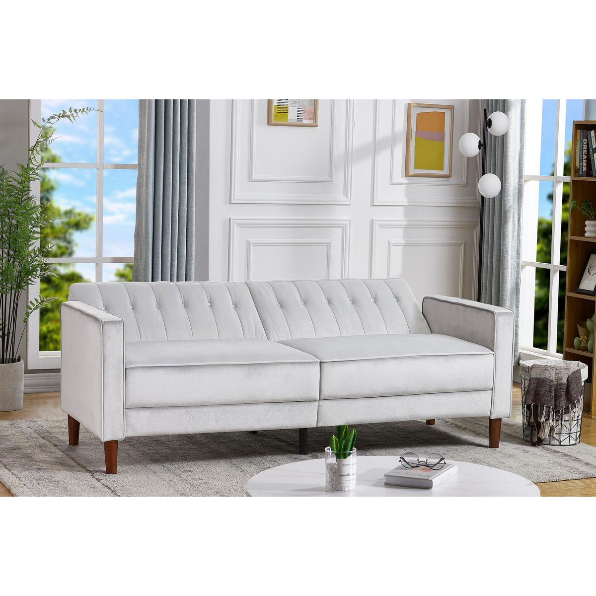 CONCEPT USINE Canapé design convertible 3 places en velours gris LIVERPOOL