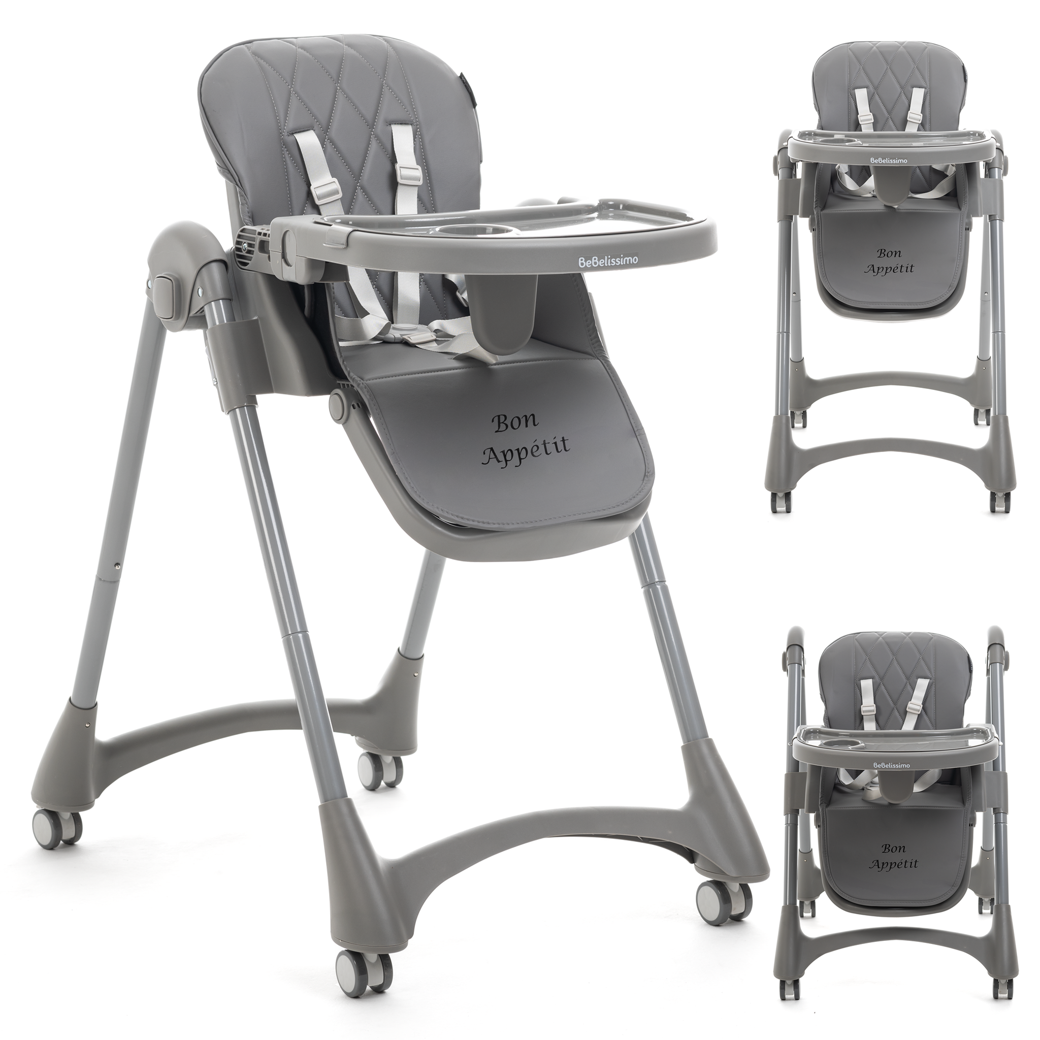 BEBELISSIMO Chaise haute évolutive bébé - Pliable - Compacte - Réglable hauteur - De 6 mois à 3 ans (15kg) - gris foncé - Bon Appetit