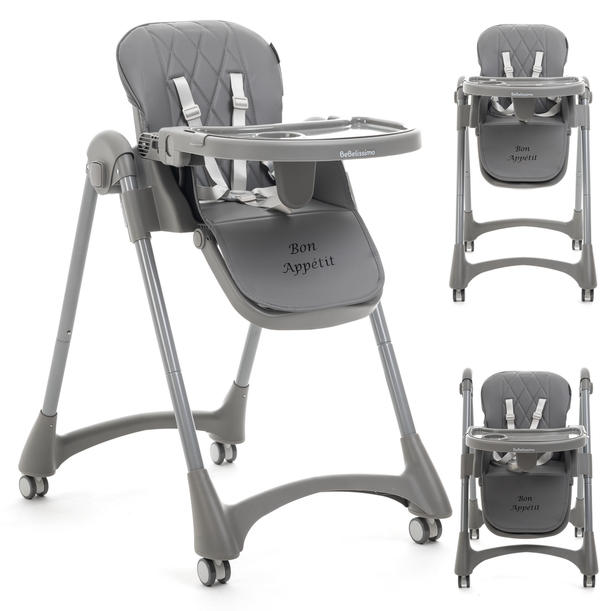BEBELISSIMO Bebelissimo - Chaise haute évolutive bébé - Pliable - Compacte - Réglable hauteur - De 6 mois à 3 ans (15kg) - gris foncé - Bon Appetit