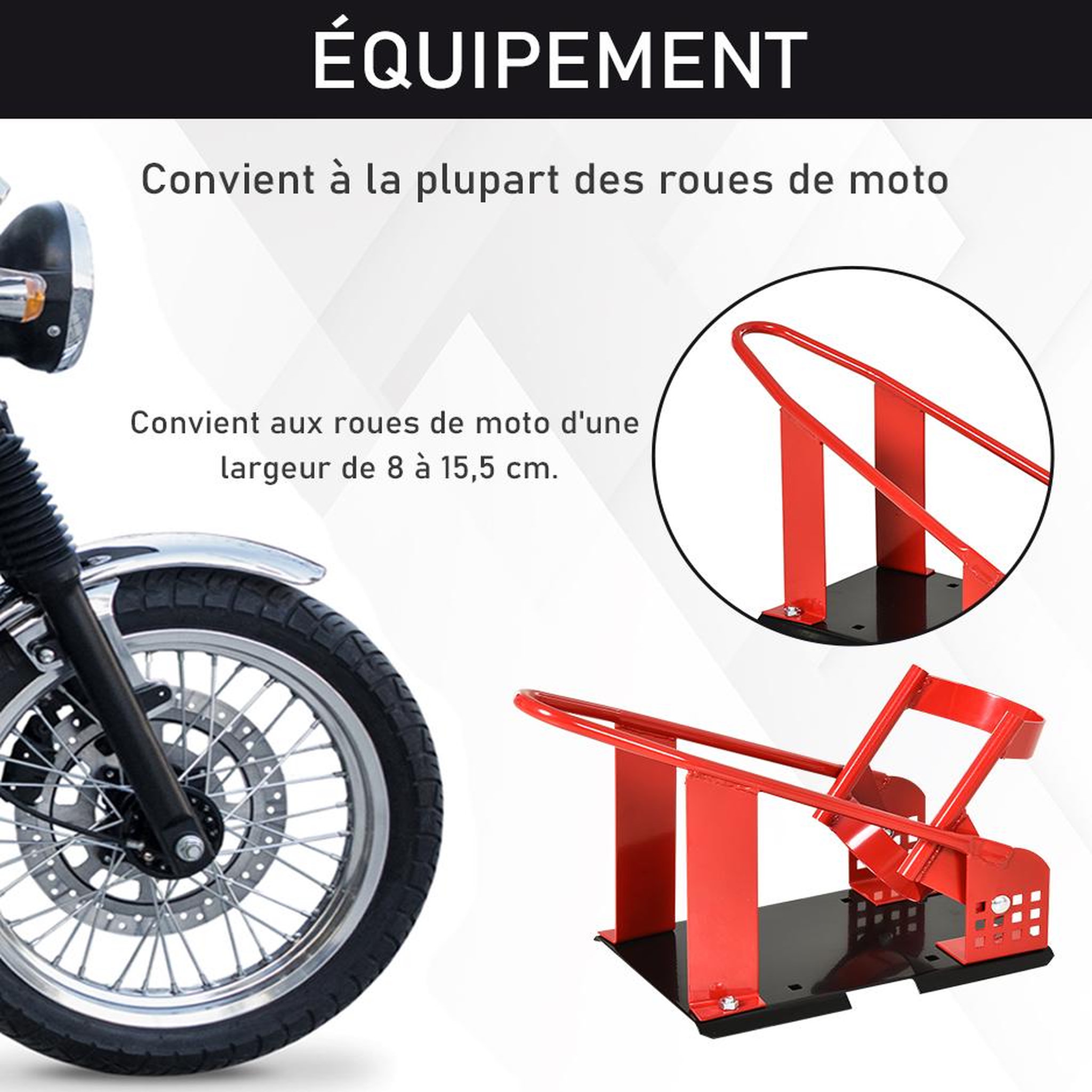 Voir la diapositive 4 : HOMCOM Rail de support universel pour moto - support béquille moto - bloque roue 8-15,5 cm - métal thermolaqué rouge noir