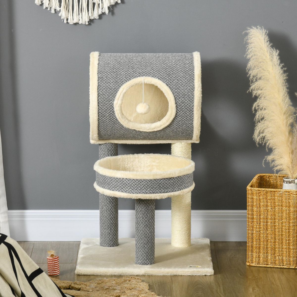 PAWHUT Arbre à chat style cosy chic griffoir sisal naturel plateforme tunnel jeu boule peluche courte aspect lin tressé gris
