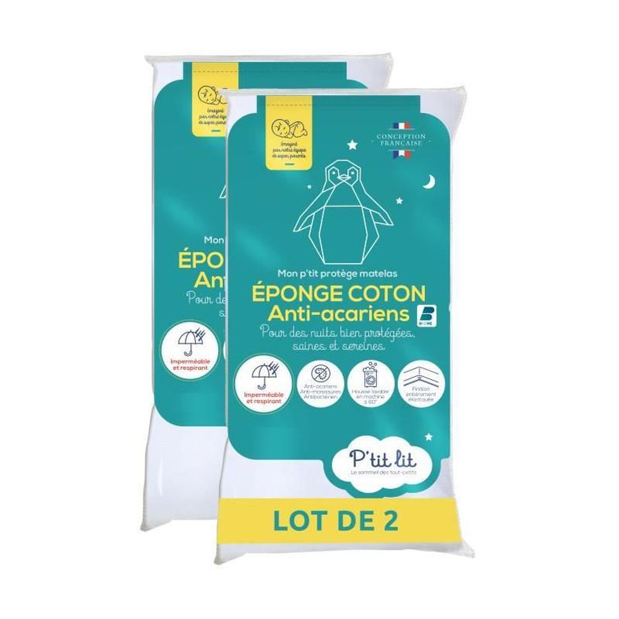 P'TIT LIT Lot de 2 Protege Matelas Bébé Anti Acariens P'TIT LIT - Bouclette 100% coton - Imperméable - 50x85 cm