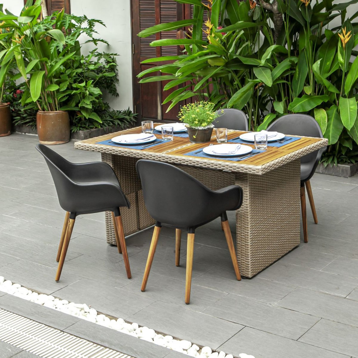 IDCOM Lot de 4 fauteuils de jardin - Coque noir - VINY