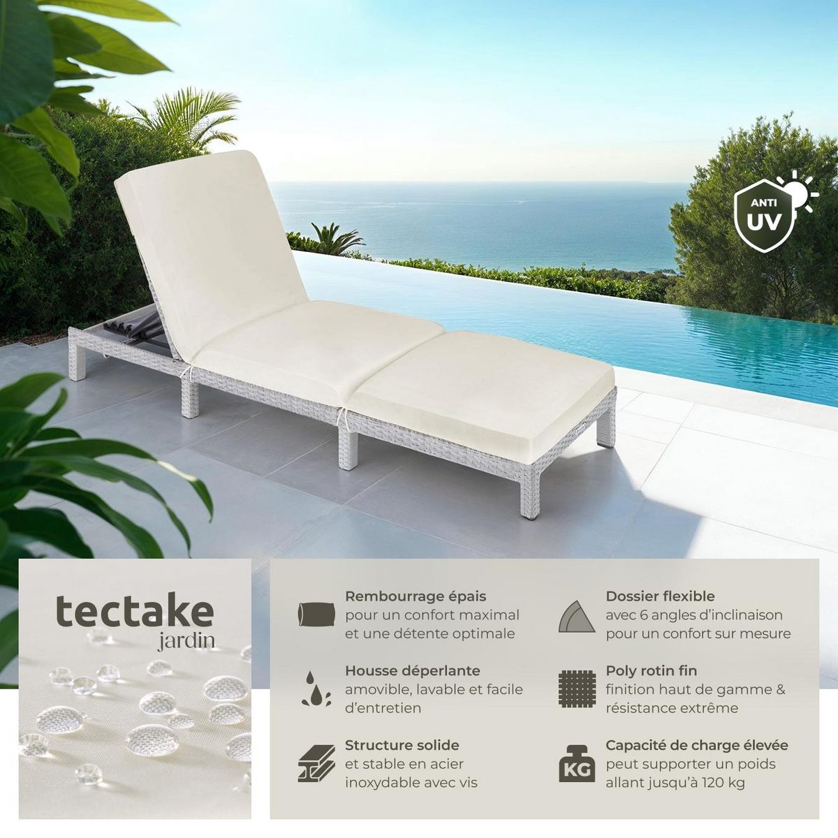 tectake Bain de soleil Transat en rotin Robuste gris clair