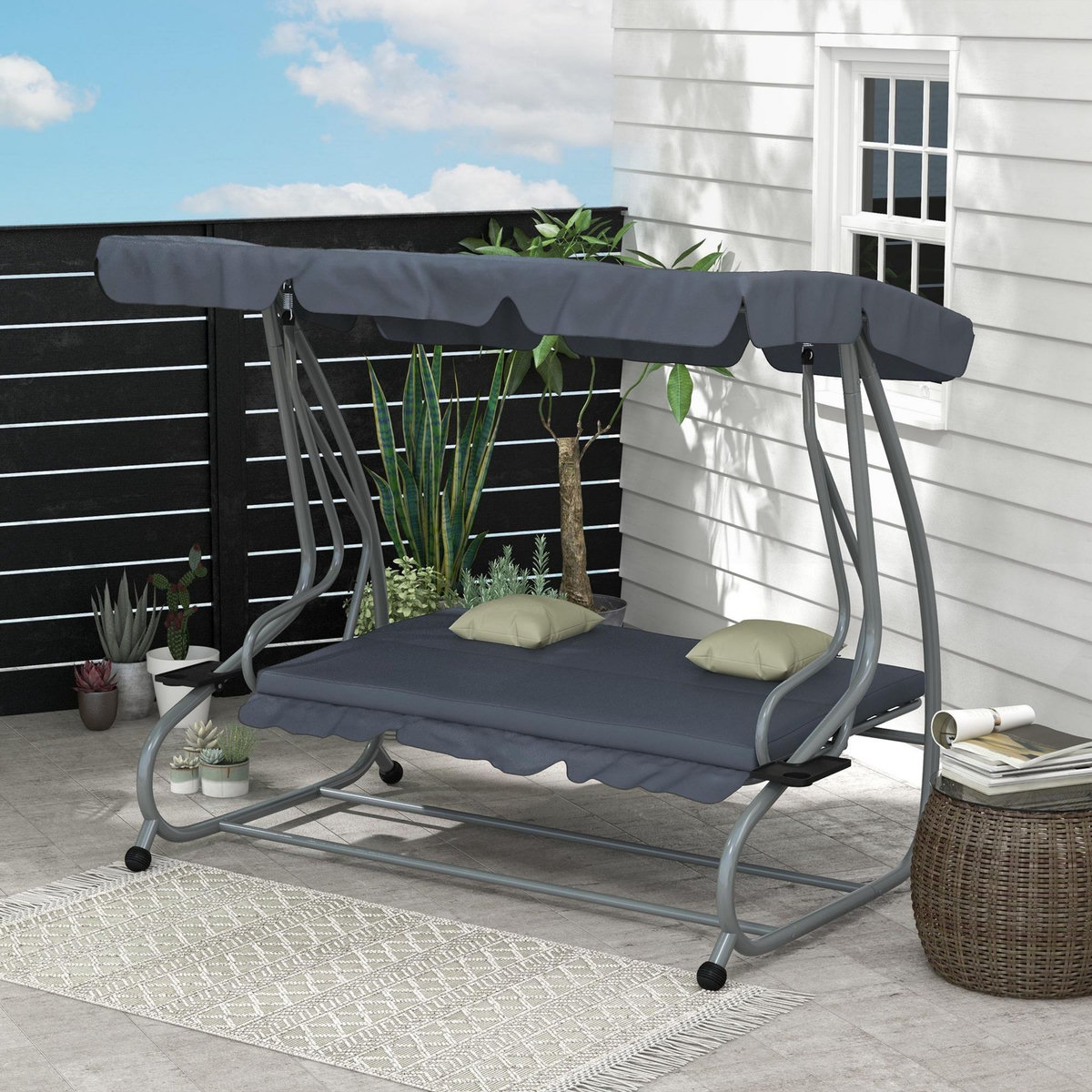 OUTSUNNY Balancelle de jardin 3 places convertible toit inclinaison réglable 2 tablettes support coussins acier polyester gris