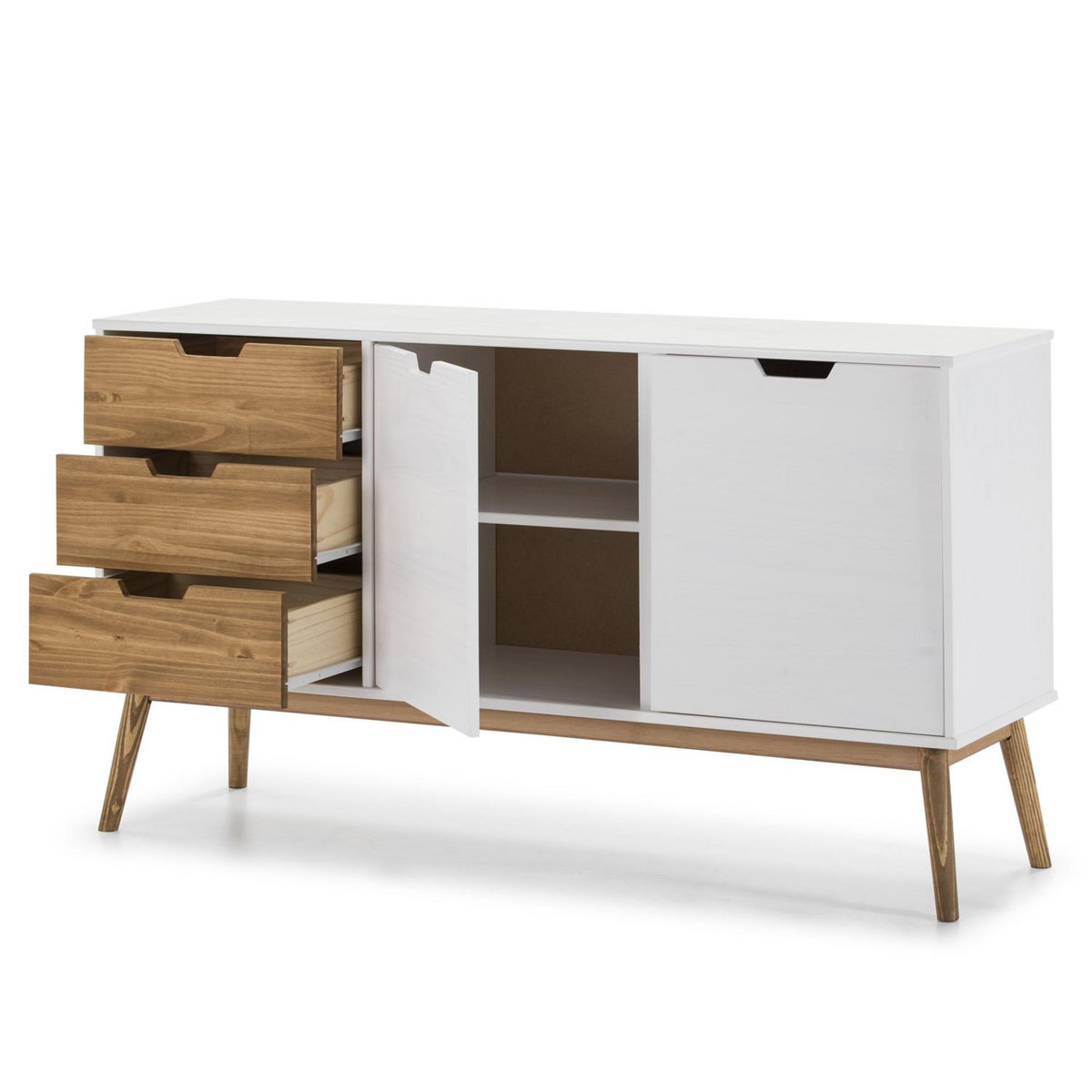 VS VENTA-STOCK Buffet Commode Java 3 tiroir y 2 Porte Blanc, glissières métalliques, Longueur 140 cm