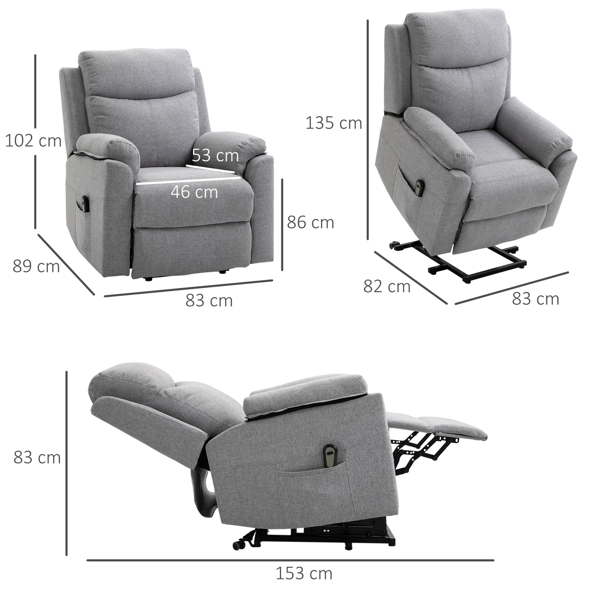 Voir la diapositive 3 : HOMCOM Fauteuil de relaxation électrique - fauteuil releveur inclinable avec repose-pied ajustable et télécommande - tissu polyester aspect lin gris clair chiné