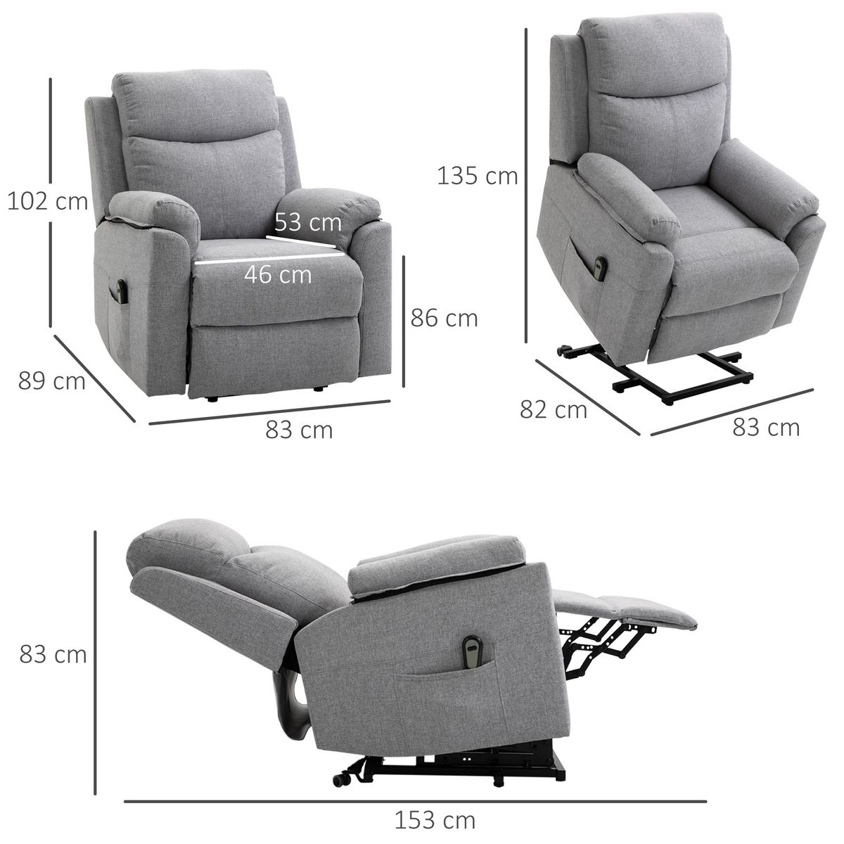 HOMCOM Fauteuil de relaxation électrique - fauteuil releveur inclinable avec repose-pied ajustable et télécommande - tissu polyester aspect lin gris clair chiné