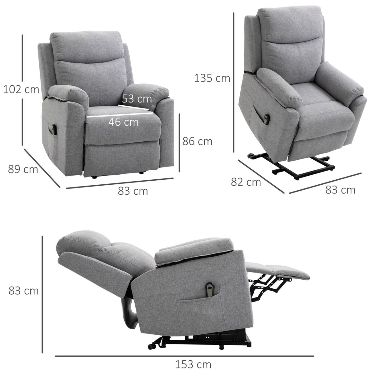 HOMCOM Fauteuil de relaxation électrique - fauteuil releveur inclinable avec repose-pied ajustable et télécommande - tissu polyester aspect lin gris clair chiné