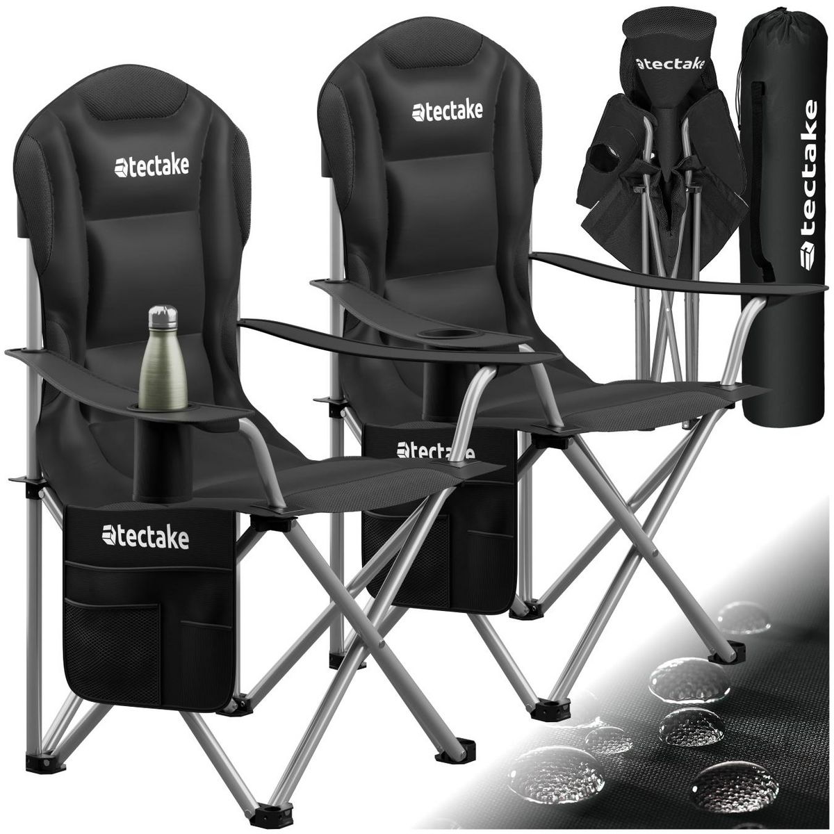 tectake Chaise de camping rembourrée pliable avec sac de transport inclus noir Ensemble de 2 pièces