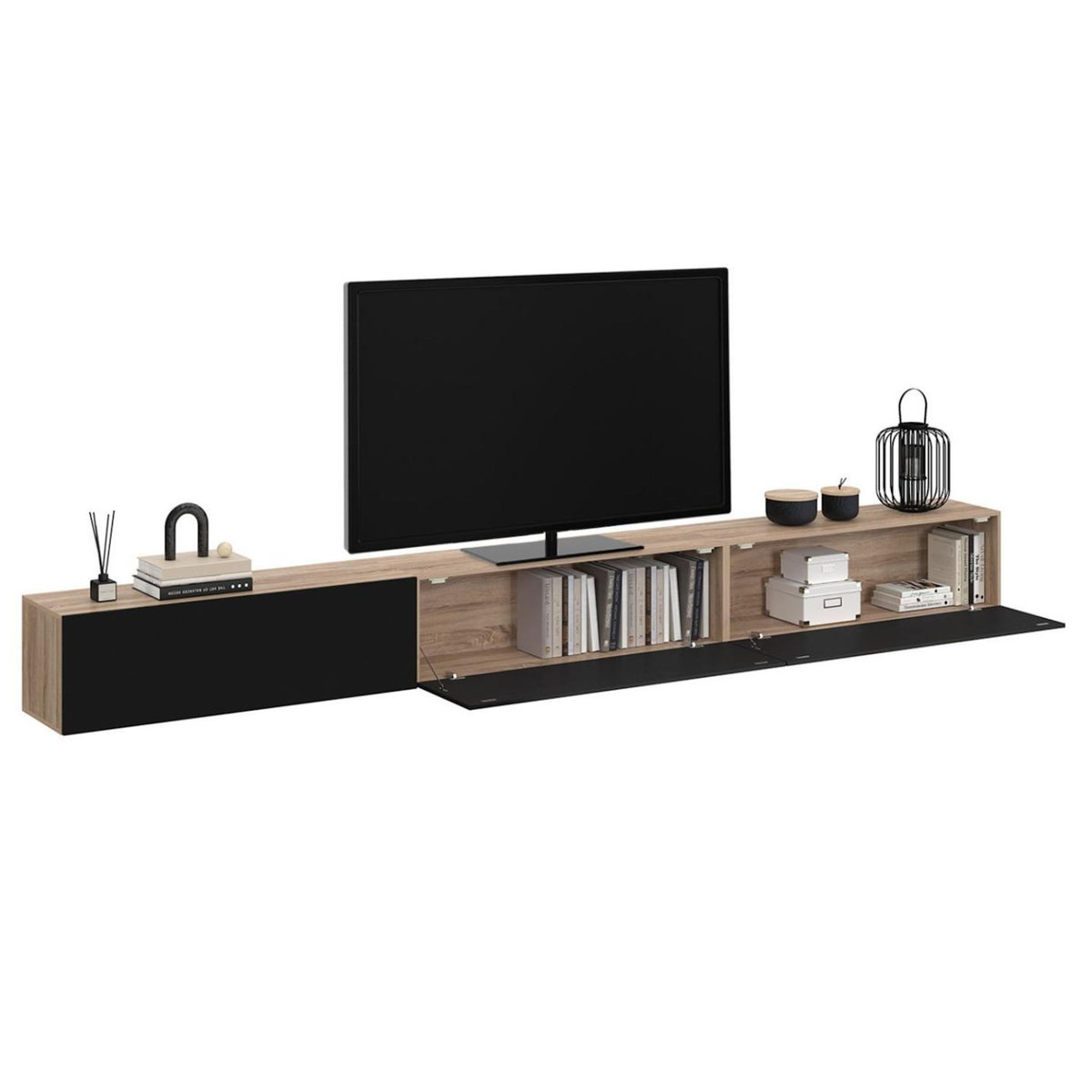 ID MARKET Meuble TV 300 cm suspendu ELIO 3 portes bois et noir