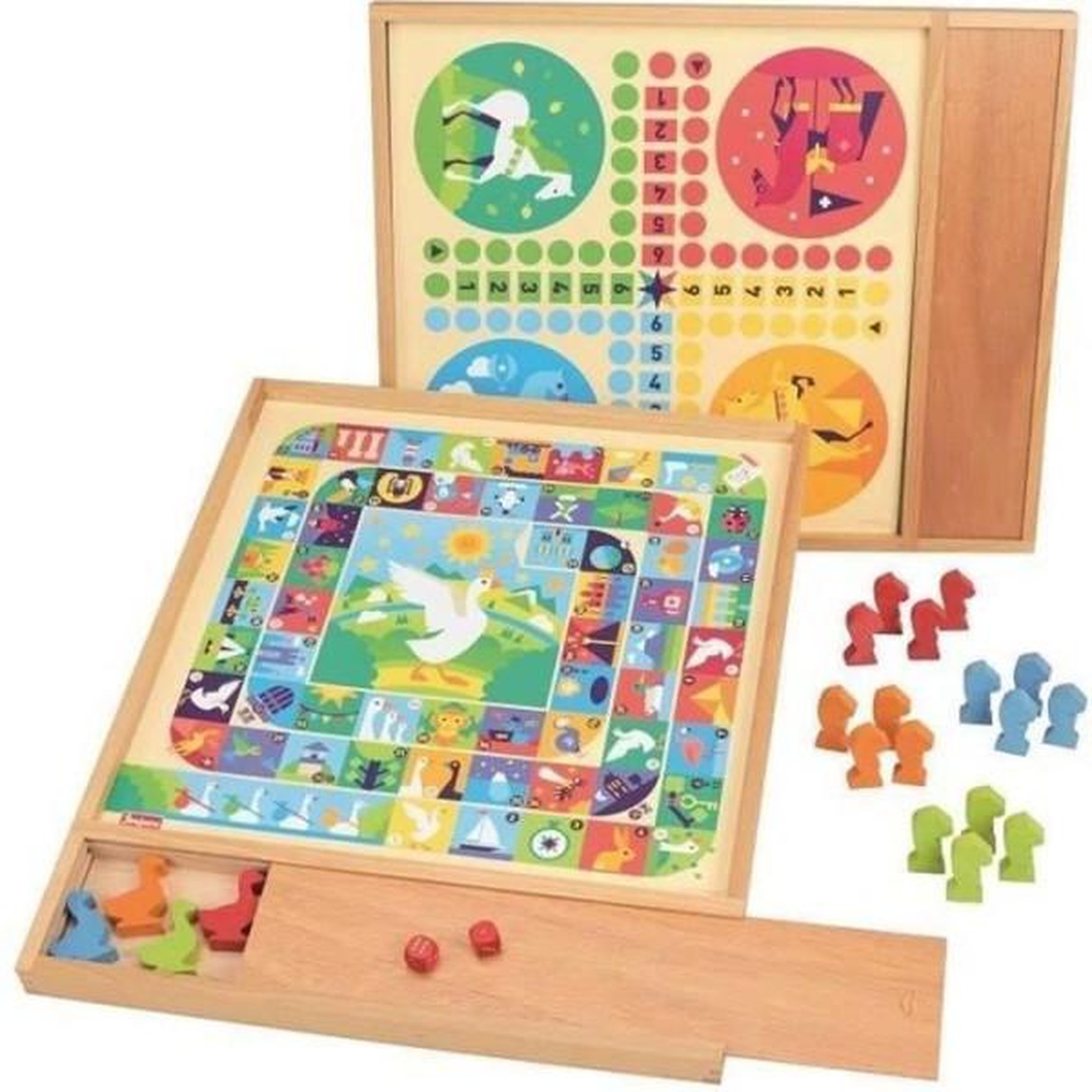 JeuJura JEUJURA Jeux de l'oie et petits chevaux - Plateau avec plumier en bois