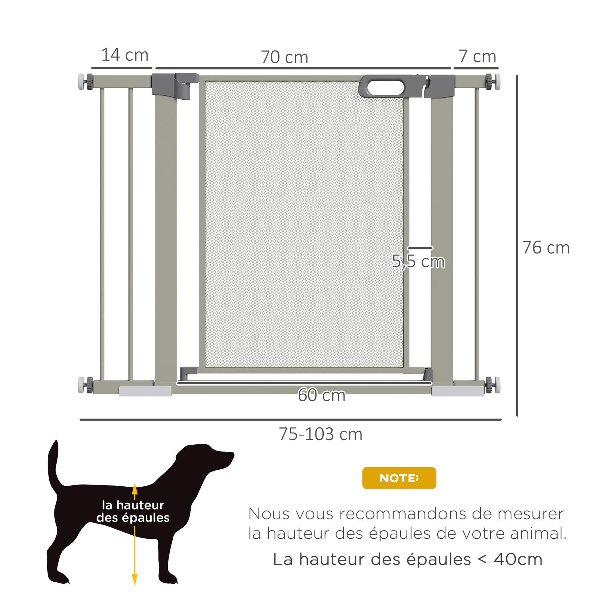 Voir la diapositive 3 : PAWHUT Barrière de sécurité animaux - longueur réglable dim. 75-103 cm - porte double verrouillage, ouverture double sens -sans perçage - acier abs gris