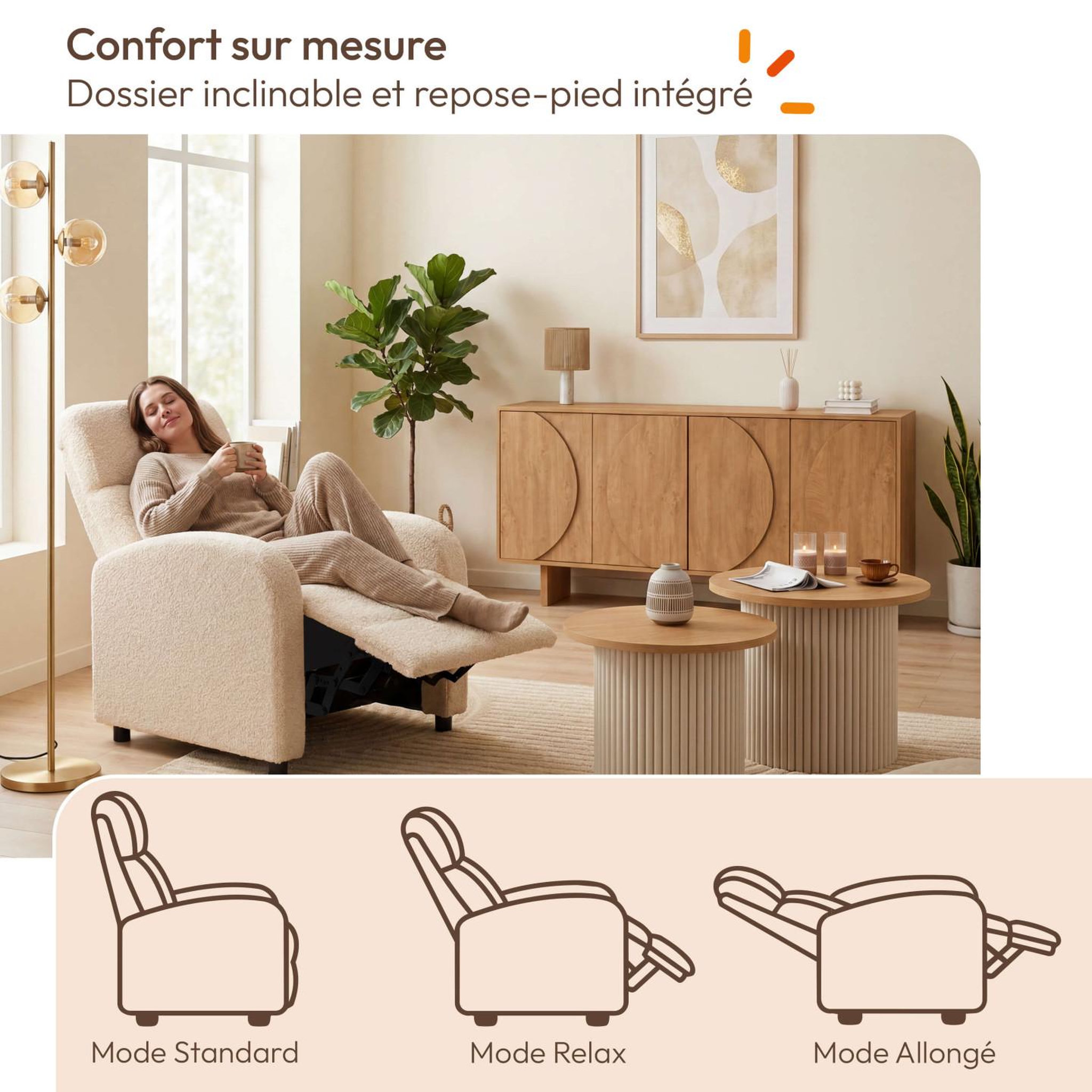 Voir la diapositive 6 : ID MARKET Fauteuil relax caleb en tissu bouclette beige avec dossier inclinable et repose pieds