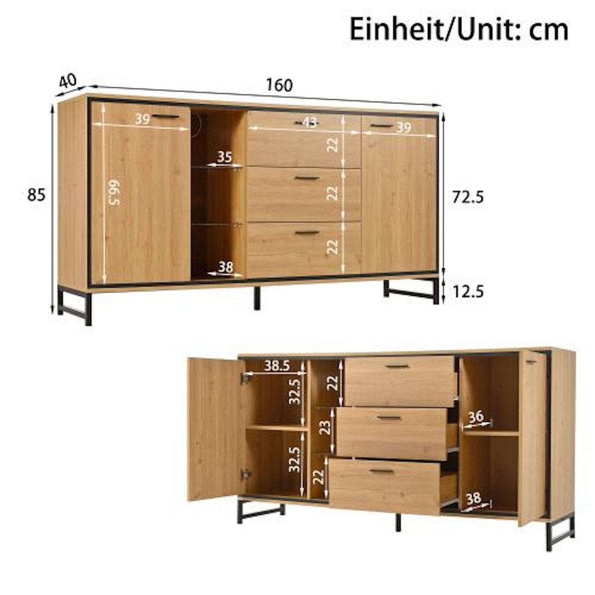 MERAX Buffet 2 porte(s) 3 tiroir(s) - 160 cm naturel led panneau de particules