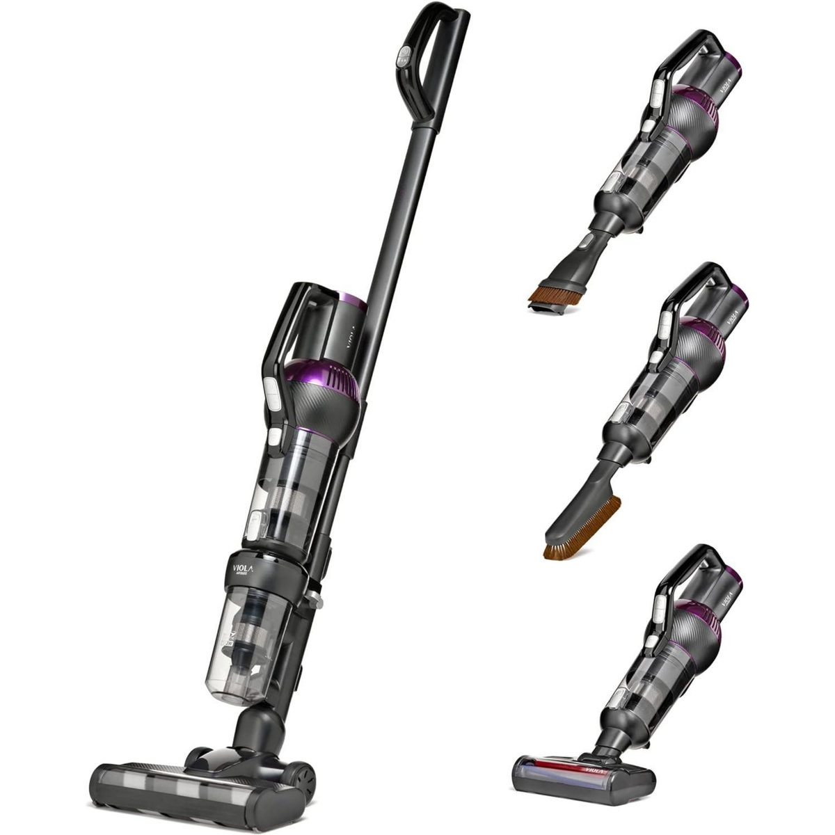 VIOLA Aspirateur Balai AIRB600 Sans Fil, Fonction de Lavage, Lampe UV-C stérilisante, Puissante 600W, Animal Kit, Autonomie 1h20, Silencieux