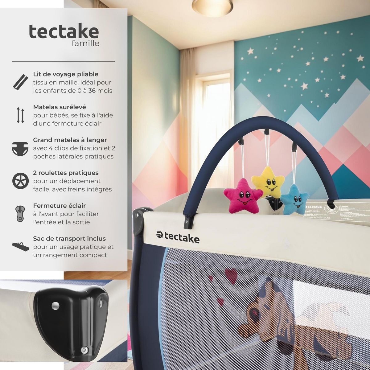 tectake Lit de voyage pour enfants peu encombrant pliable et réglable en hauteur bleu